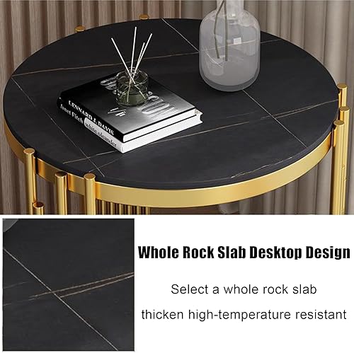 Miniatura 2 de Mesa auxiliar redonda de mármol de 2 niveles, mesa auxiliar con marco de metal de pizarra con estantes de almacenamiento, moderna y creativa mesita