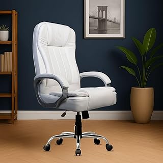 Align Seats Vionna High Back Revolving Office Chair Ergonomic Leatherette Orthopedic Boss Chair with Cushioned Armrest, Heavy Duty Chrome Base, Pre-Assembled, 3-Year Warranty (White)