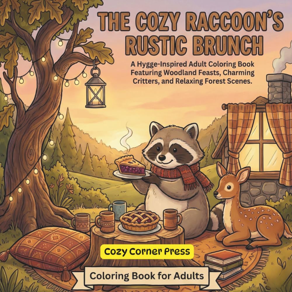 The Cozy Raccoon’s Rustic Brunch: A Hygge-Inspired Adult Coloring Book Featuring Woodland Feasts, Charming Critters, and Relaxing Forest Scenes (Cozy Corner)