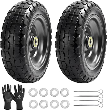 10" Flat Free Replacement Wheels for Gorilla Carts 2-Pack, 4.10/3.50-4 Solid Tires with 5/8" Axle Bore & 2.1" Offset Hub, Heavy Duty No-Flat Wheels for Garden Carts, Hand Trucks & Wagons