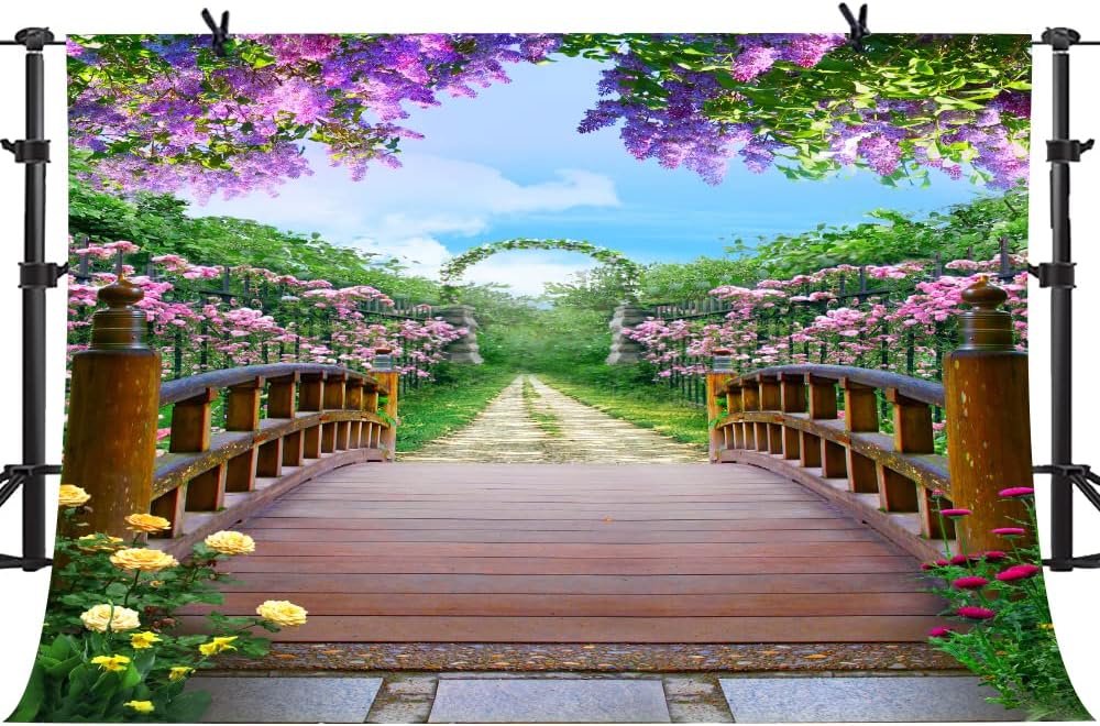 Spring Blossom Flower Backdrop Lilac Rose Garden Path Wooden Bridge Floral Backdrops Vinyl 10x7ft Natural Scenery Romantic Wedding Anniversary Prom Baby Photos Even Photography Backdrops