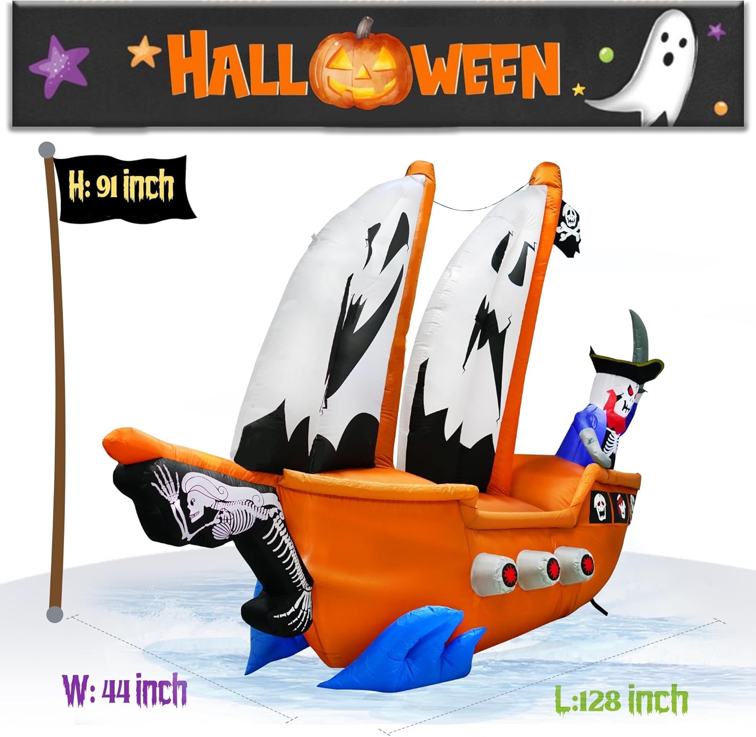 10FT Length Halloween Pirate Ship Inflatable with Pirate, Halloween Decorations Outdoor Inflatable Pirate Ship Built-in 5 LEDs and 4 RGB Lights for Pirate Halloween Decorations Outdoor