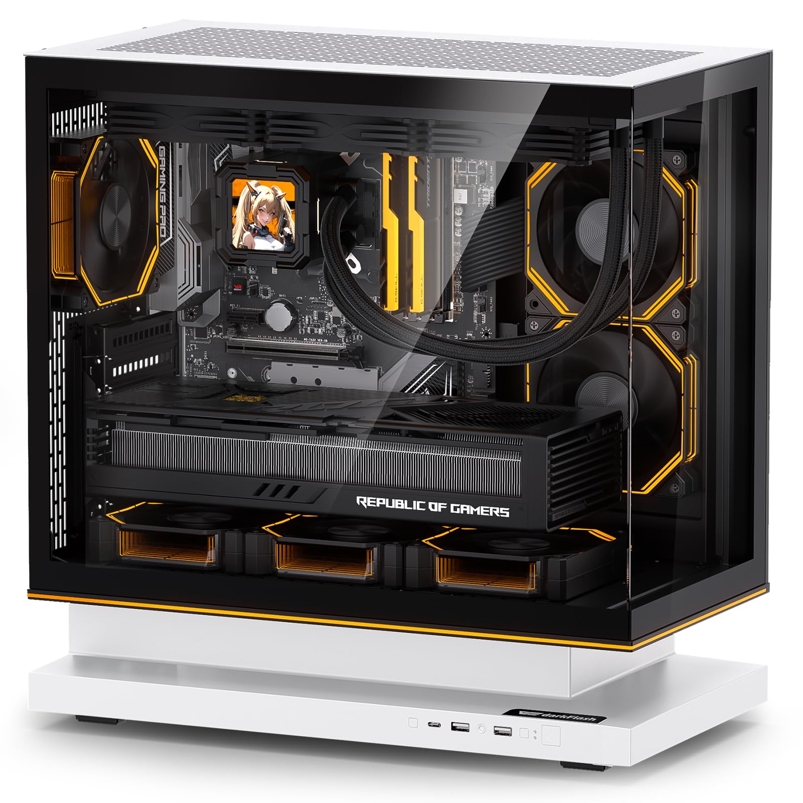darkFlash FLOATRON F1 ATX PC Case, 360 mm AIO Ready, szkło hartowane, dolny wlot o wysokim przepływie powietrza, pływająca konstrukcja, wentylator chłodzący VRM, typ C, listwa świetlna RGB (3