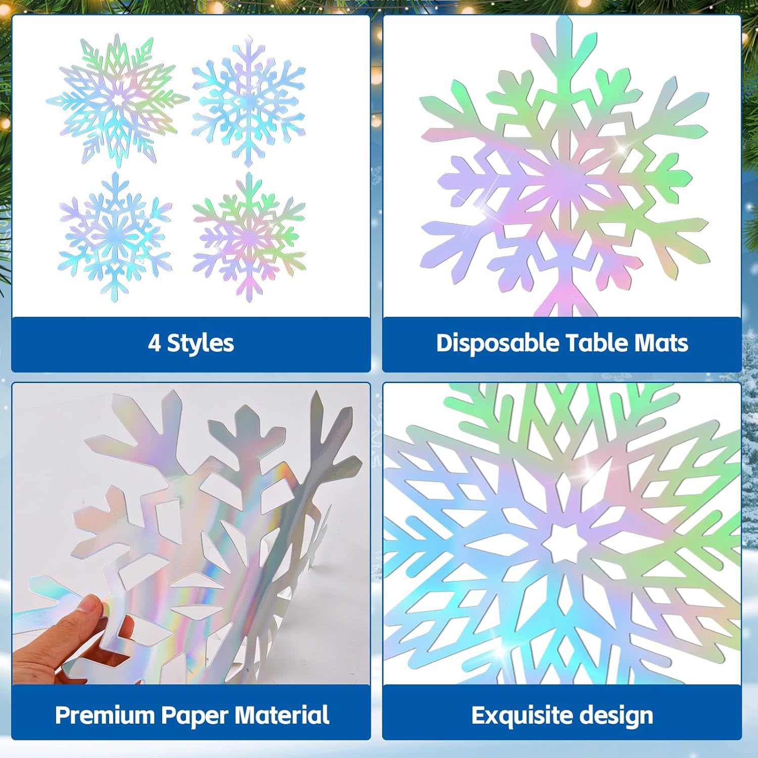 48 Pieces Snowflake Paper Placemats Winter Snowflake Disposable Place Mats Decorative Table Mats for Christmas Winter Frozen Party Table Setting Banquet Party Supplies (Holographic)