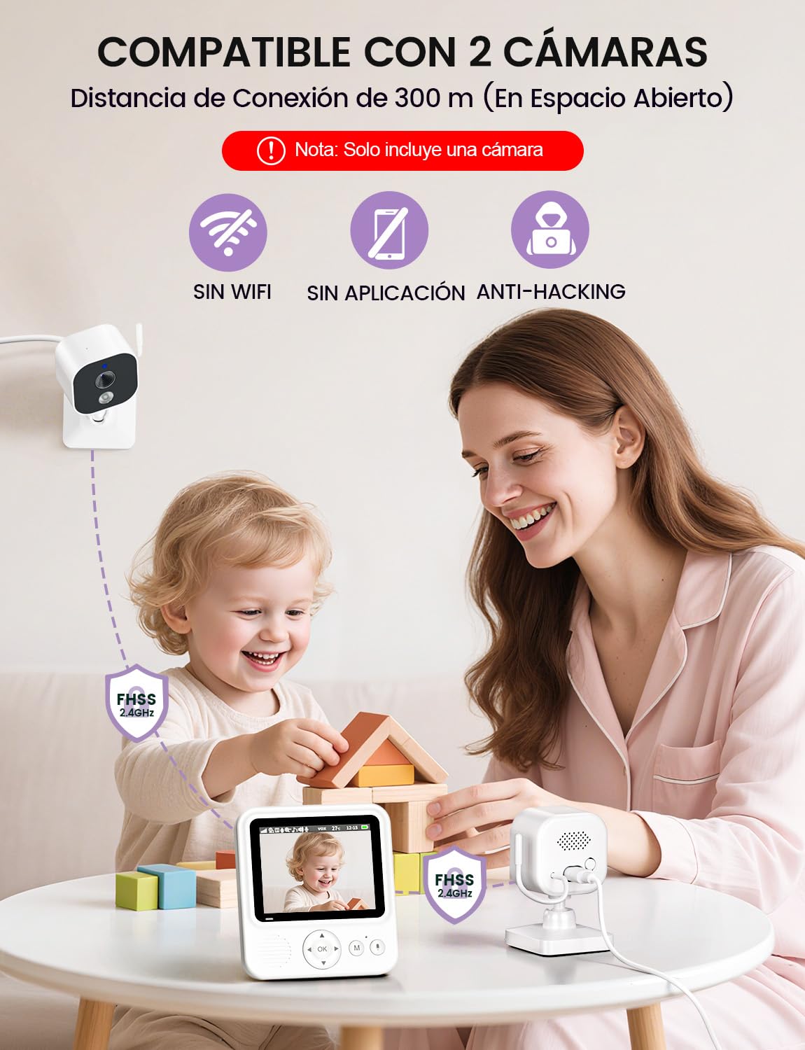 Vigilabebes con Cámara, Camara Vigilancia Bebe Inteligente con Pantalla HD 720P de 2.8'', 2000 mAh Batería, Zoom 2X 4X, VOX, Visión Nocturna, Monitoreo de Temperatura, Comunicación Bidireccional