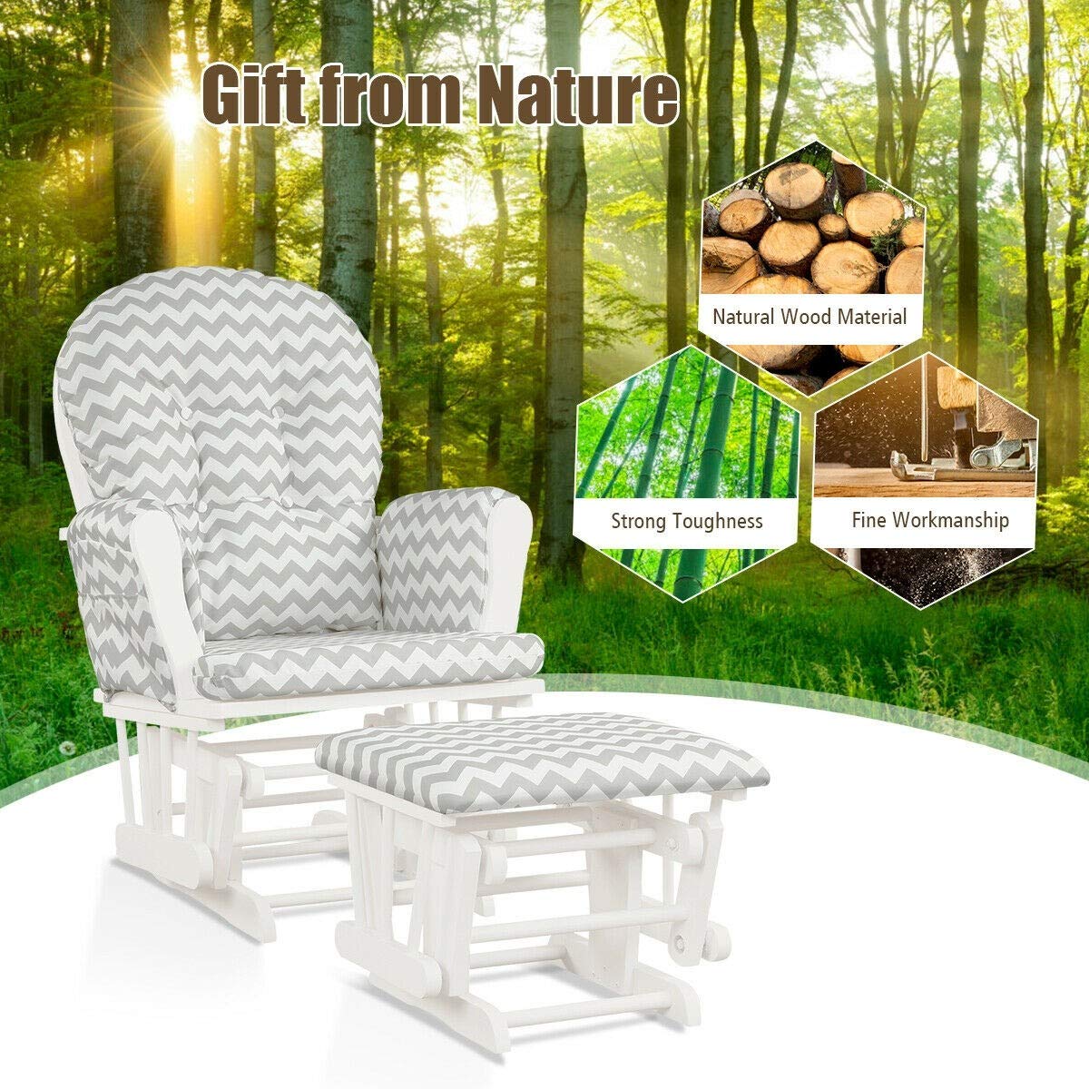 LHONE Nursery Rocking Chairs Nursery Glider Rocking Chair Wood Baby Rocker with Ottoman Cushion Upholstered Nursing Chair with Padded Arms (Stripe)