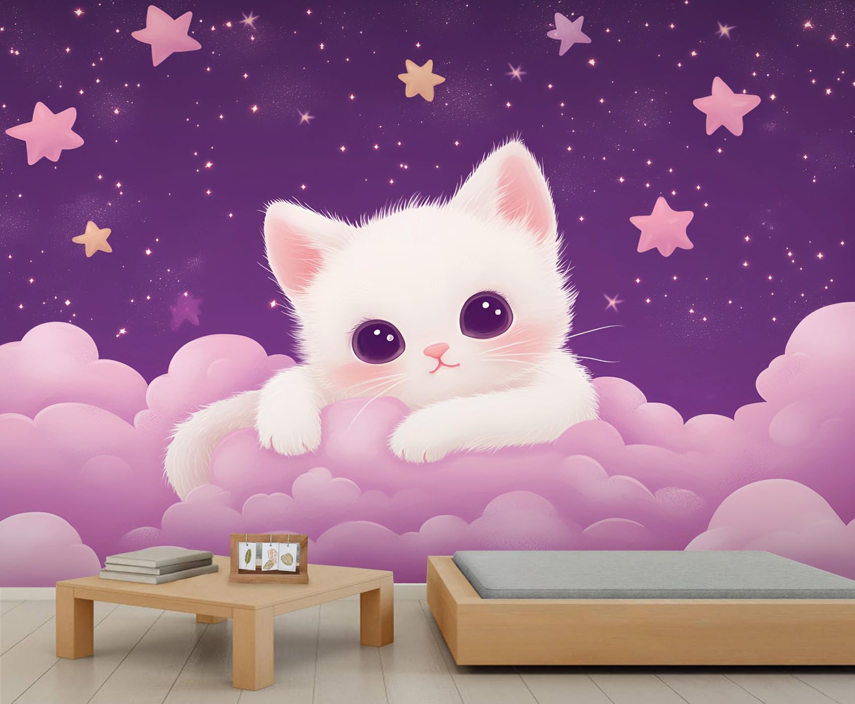 Papier peint mural chat violet ciel étoilé grand format 500 x 300 cm