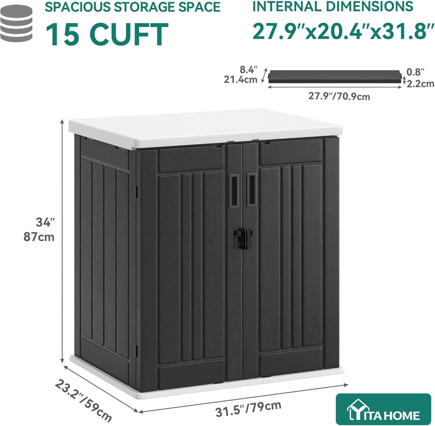 YITAHOME Outdoor Storage Cabinet with 2 Shelves, Waterproof Resin Horizontal Tool Shed, Lockable 15 cu. ft. Storage Shed for Patio, Garden, Yard, Dark Gray