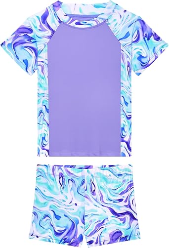 Girls Swimsuit 2 Piece Rash Guard Set Short Sleeve Bathing Suits UPF 50+ Summer Beach Swimwear