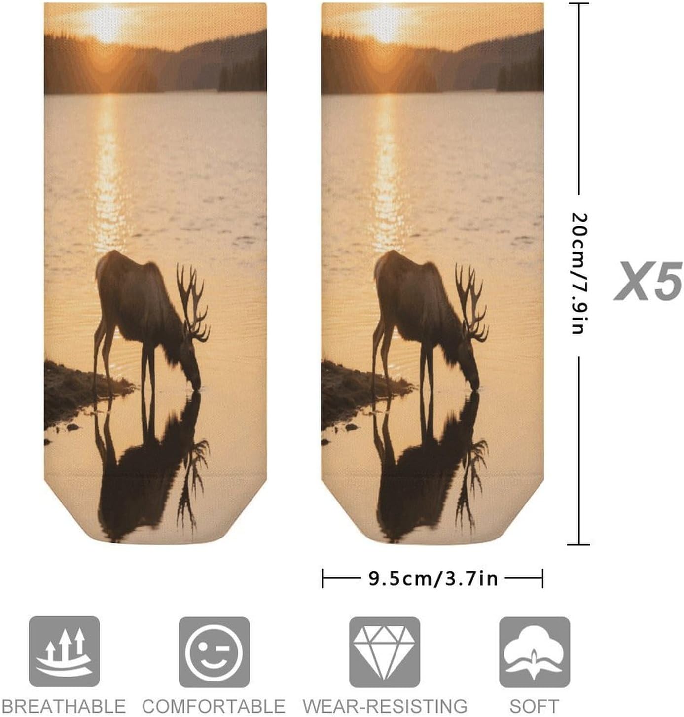 Socks for Men Women 5 Pairs Short Ankle Socks | Landscape Moose in The River Low Cut Casual Crew Sock Cute Breathable Athletic Socks Non Slip No Show Sock