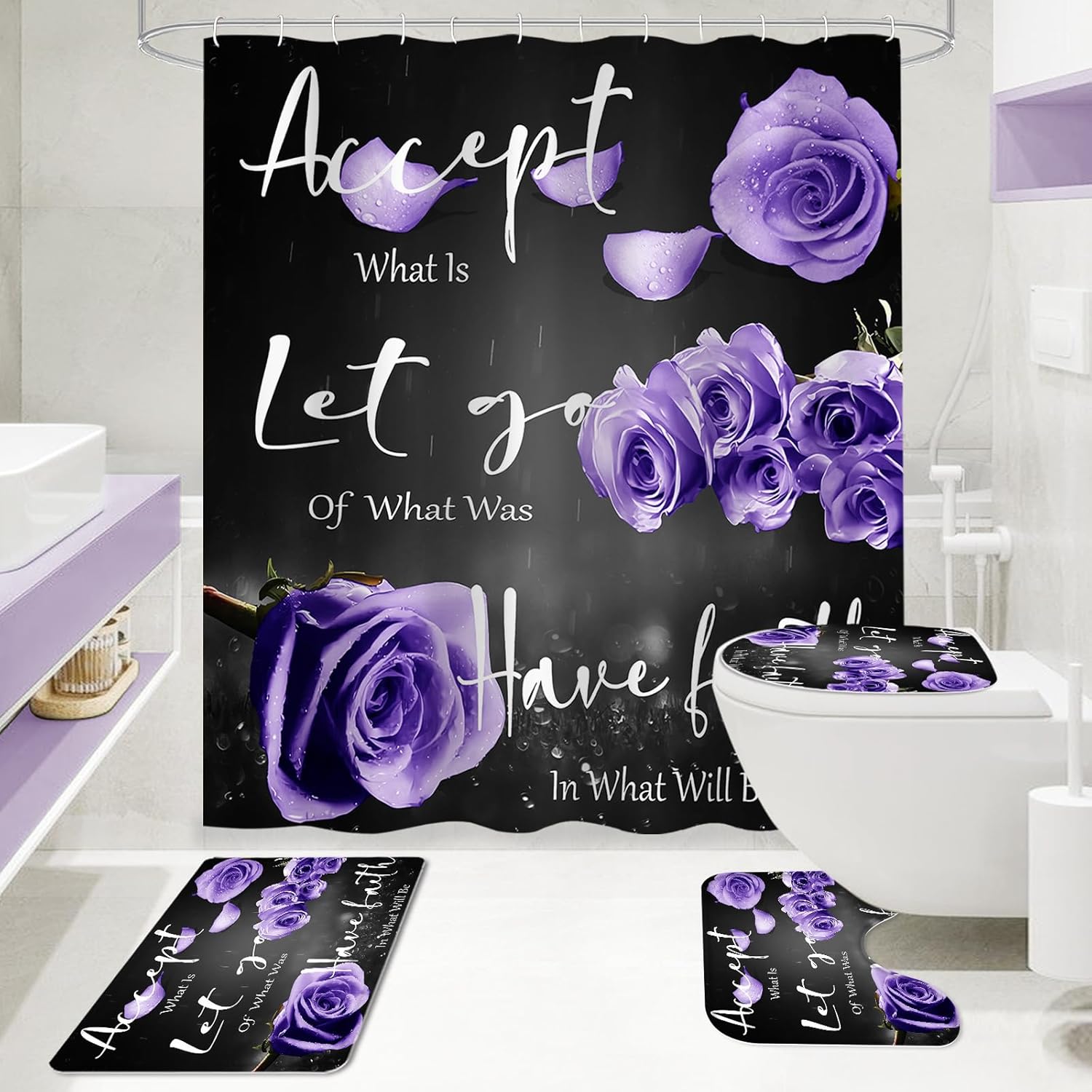 4 Pcs Lavender Rose Shower Curtain Sets with Non-Slip Rug, Toilet Lid Cover and Bath Mat, Thankful Blessed Black Purple Retro Elegant Shower Curtain Valentine's Day Bathroom Set(Hooks Not Included)