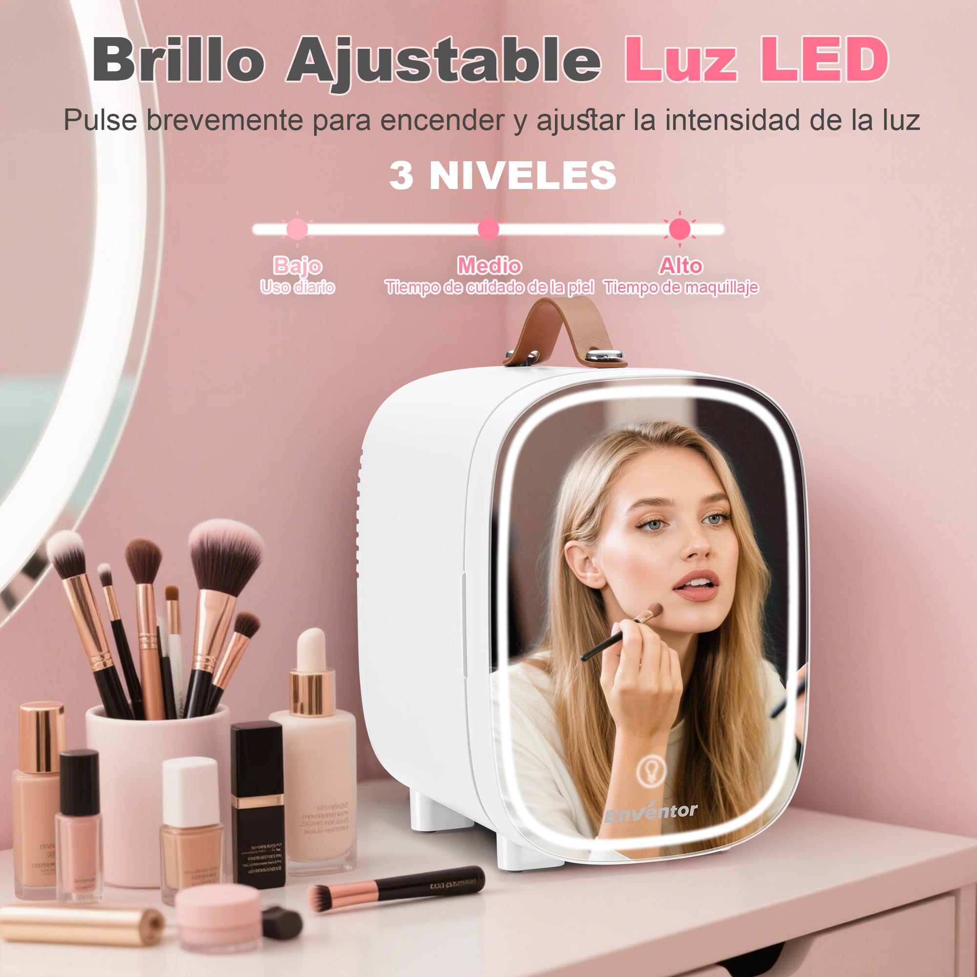 Enventor 4L 6 Latas Nevera Pequeña Blanco, Mini Frigorifico con Enfriador y Calentador, Espejo con Luz LED Regulable, Alimentación Dual, Mini Nevera para Habitacion, Oficina y Coche