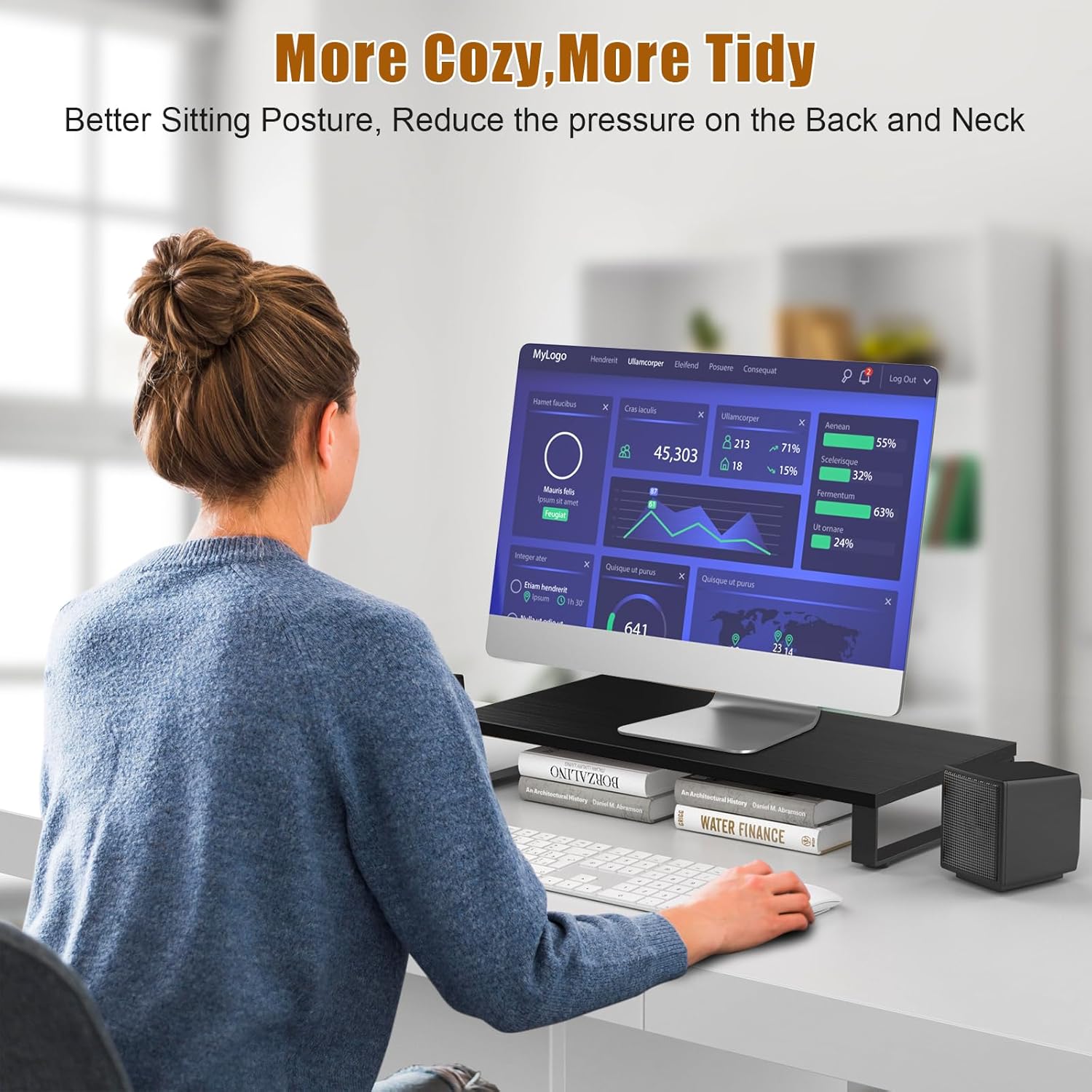 XINYAO Monitor Stand for Desk, Wood & Steel Computer Stand Riser with Storage Organizer for Office Laptop, PC, Printer 24 x 12 x 3.3 inch, Black