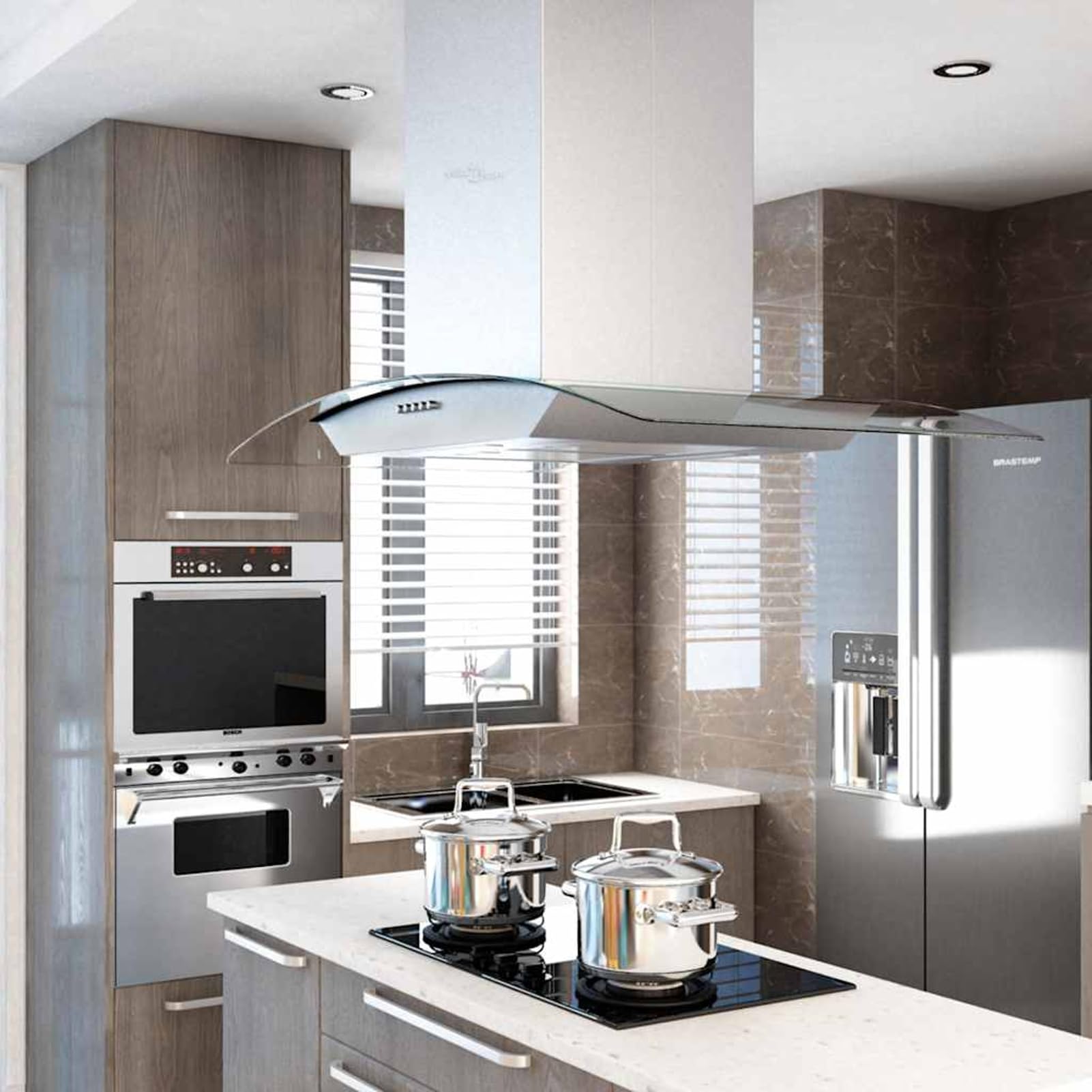 Campana Extractora de Cocina, 3 Velocidades, LED, Filtros de Grasa y Carbón, Acero Inoxidable, Vidrio Templado, 90x53x(56-111) cm, para Cocinas con Isla Modelo DYEEG-MN-50664ES