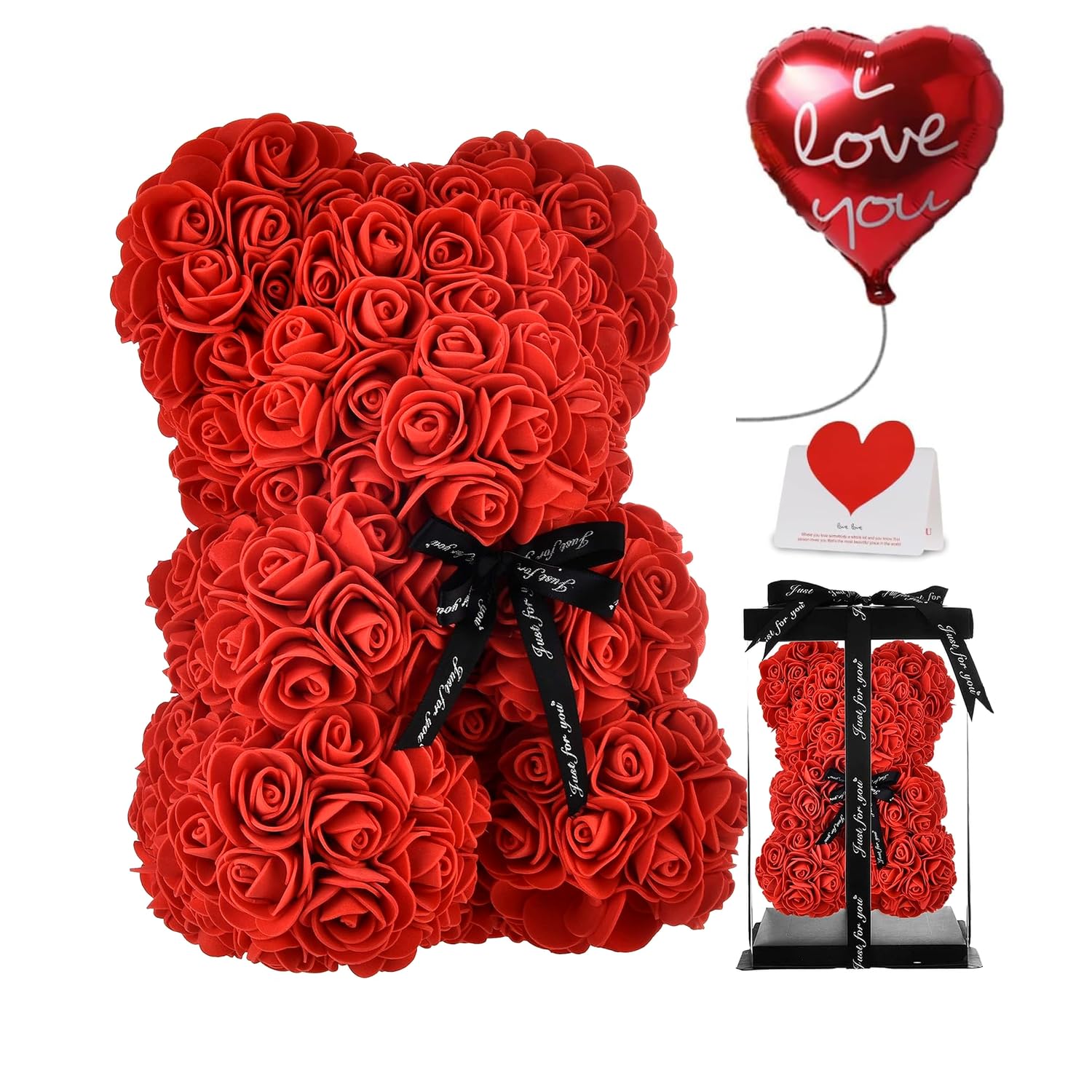 NLIGHTING Orsetto di Rose con Scatola Regalo, Palloncino e Biglietto – Rose Artificiali Morbide che Non Appassiscono, Idea Regalo per Lei, Matrimonio, Anniversario, Compleanno