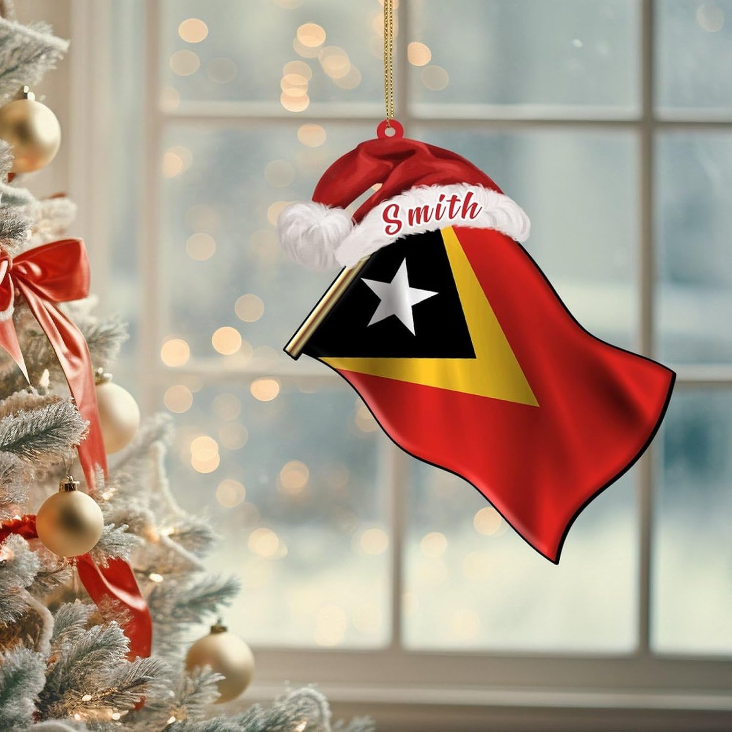 Custom Ornament, Personalized 2D Ornaments with Santa Hat, 2-Sided Print, 2D Ornament Souvenir with Timor-Leste Country Flag for Christmas Tree Patriotism Gift Ornaments for Baby's First Christmas image 2