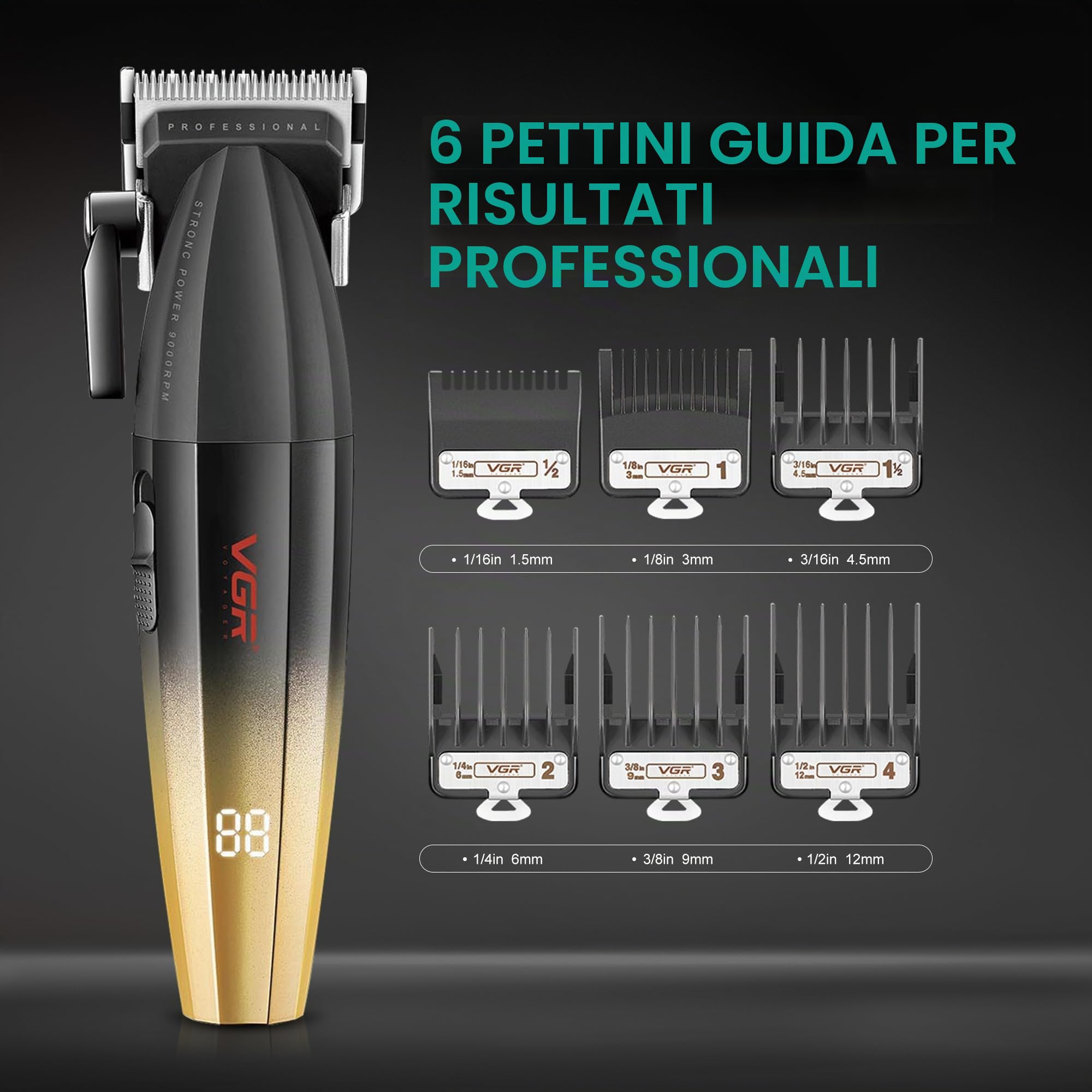 VGR Tagliacapelli professionale da uomo, kit senza fili, 9000 giri/min, macchina da barbiere per taglio di capelli da uomo, tagliacapelli lungo, leva conica, ricaricabile tramite batteria USB-C da 250