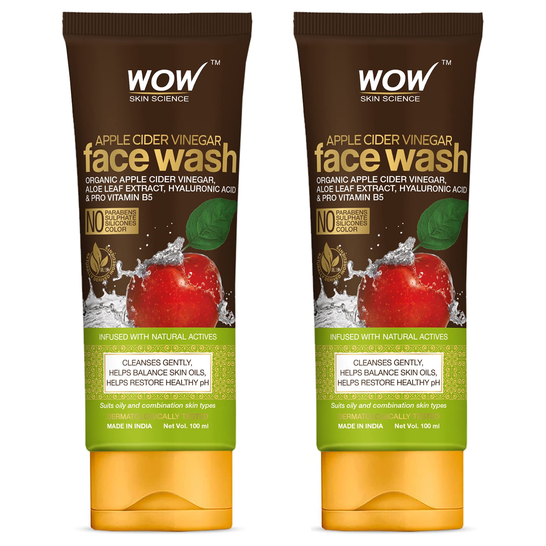 WOW Skin Science Apple Cider Vinegar Face Wash - No Parabens, Sulphate, Silicones & Color - Pack of 2 - Net Vol. 200mL