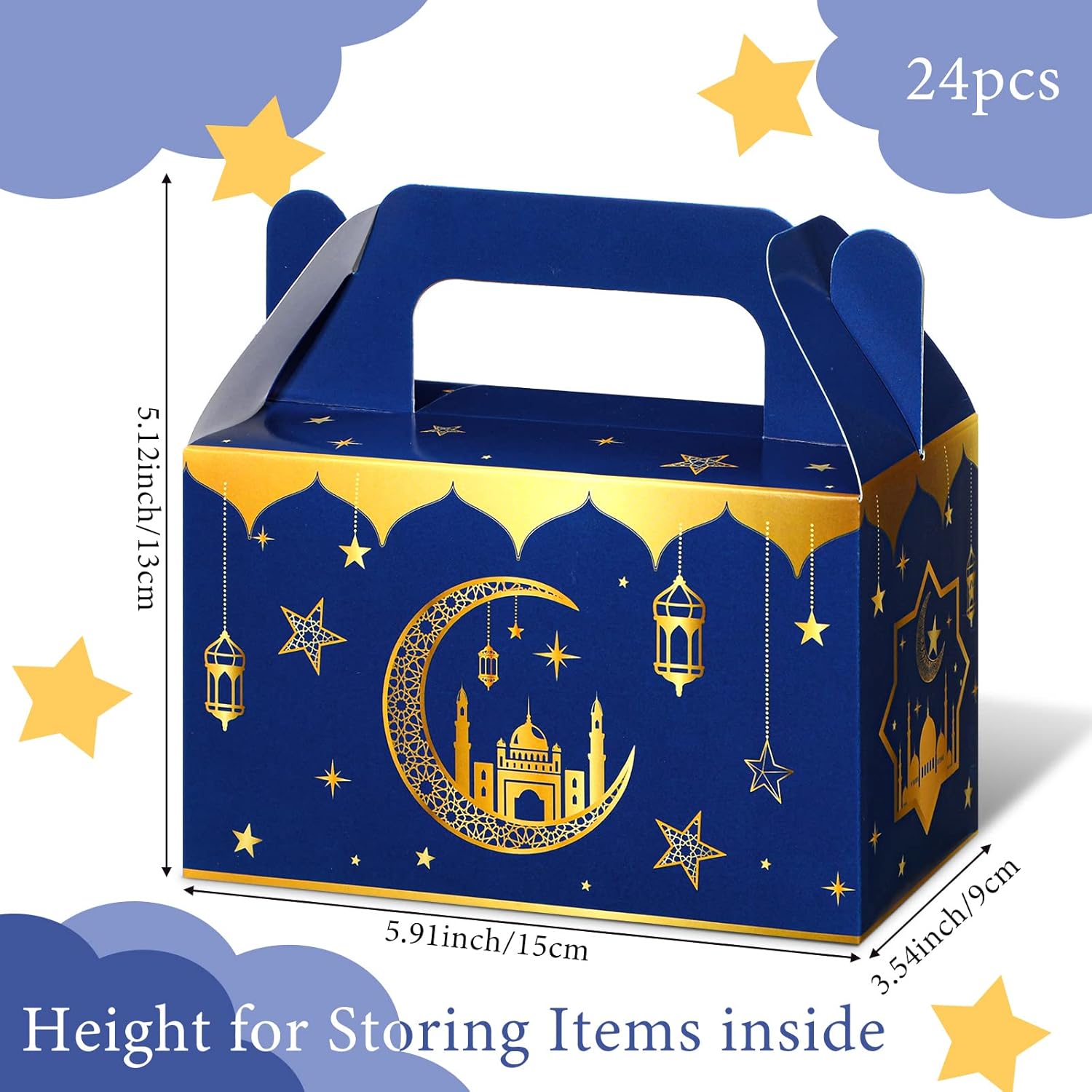TaoBary 24 Pack Ramadan Eid Gift Bags Muslin Mubarak Ramadan Favor Boxes Foldable Eid Mubarak Candy Goodie Paper Present Boxes(Blue and Gold) - Image 2