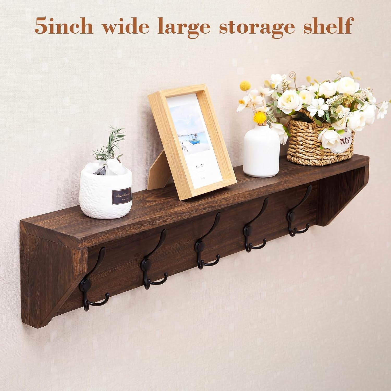 29 Inch Wall Shelf with Hooks and Shelf Organizer Wall Mount Coat Rack with 5 Triple Hooks for Hanging for Entryway, Hallway, Bathroom, Living Room, Bedroom
