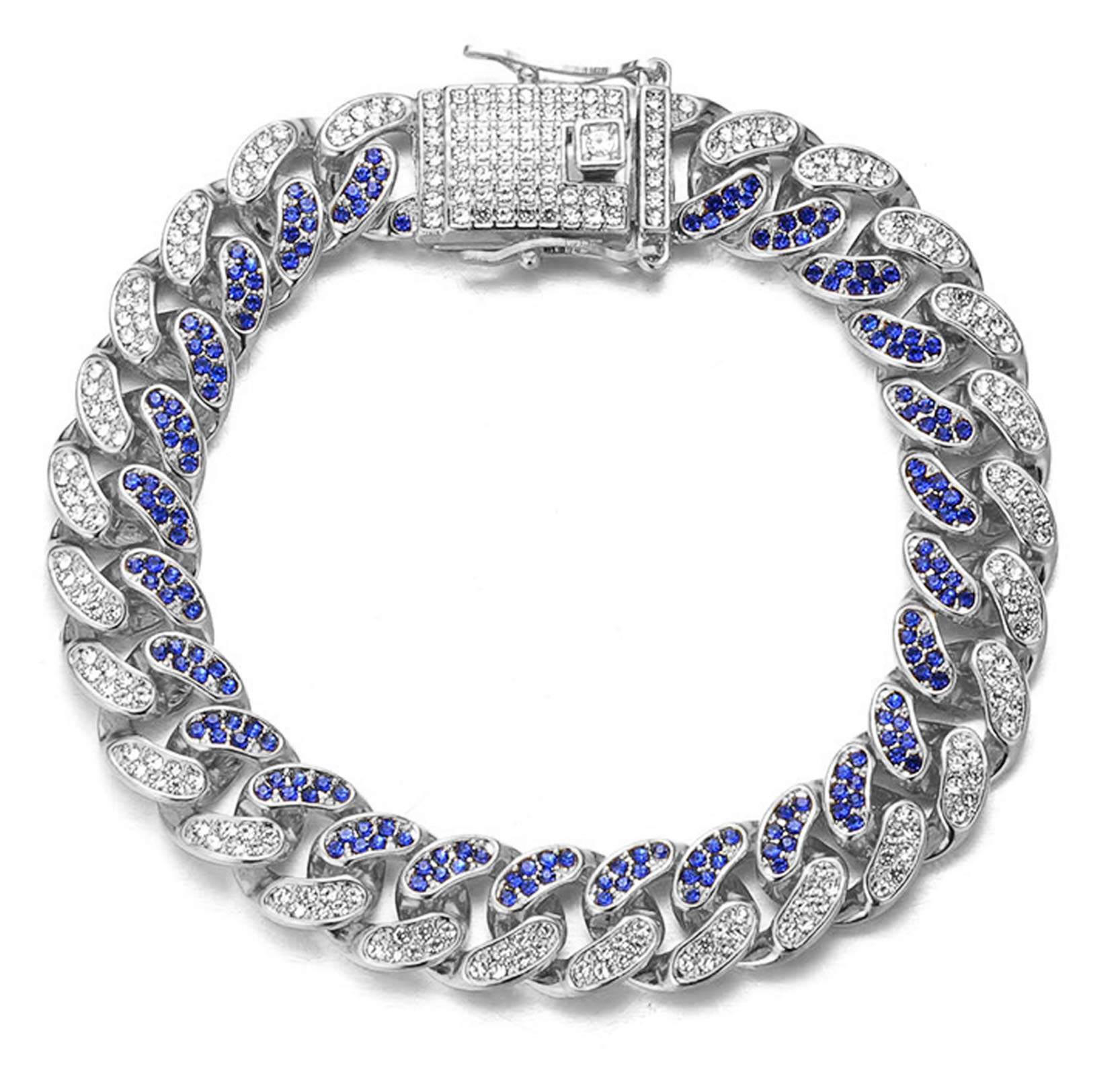 HalukakahDiamond Cuban Chain for Men FUJI, 14 mm Men's Gold Chain Iced Out 18 Carat Real Gold-Plated / Platinum White Gold Collar Necklace Bracelet, Diamonds Blue & Clear Prong Set, Gift for Him