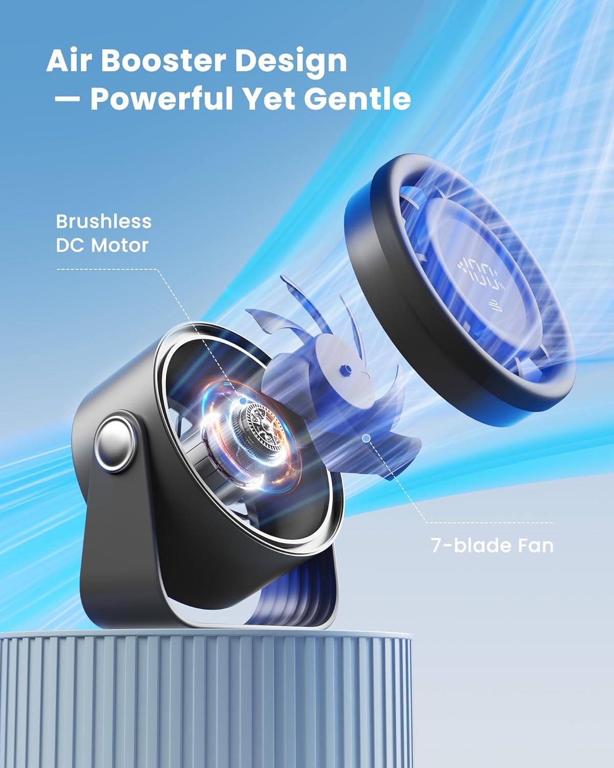 Gaiatop Small Desk Fan Rechargeable, Quiet Personal Table Fan, Touch Control Display, 360° Tilt, 5-Speed Strong Wind, 4000mAh Battery, Small Fans for Bedroom Dorm Office, Gifts for Women Men, Black - Image 4