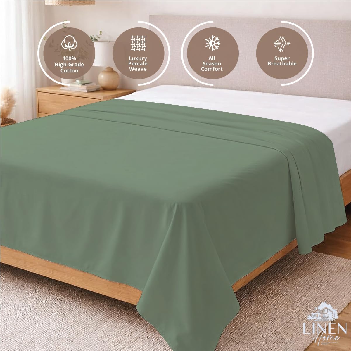 Linen Home 100% Cotton Percale 1 Flat Sheet, King Size - Crisp, Cool and Strong Bed Linen, Luxury Breathable Sheet, Frosty Green
