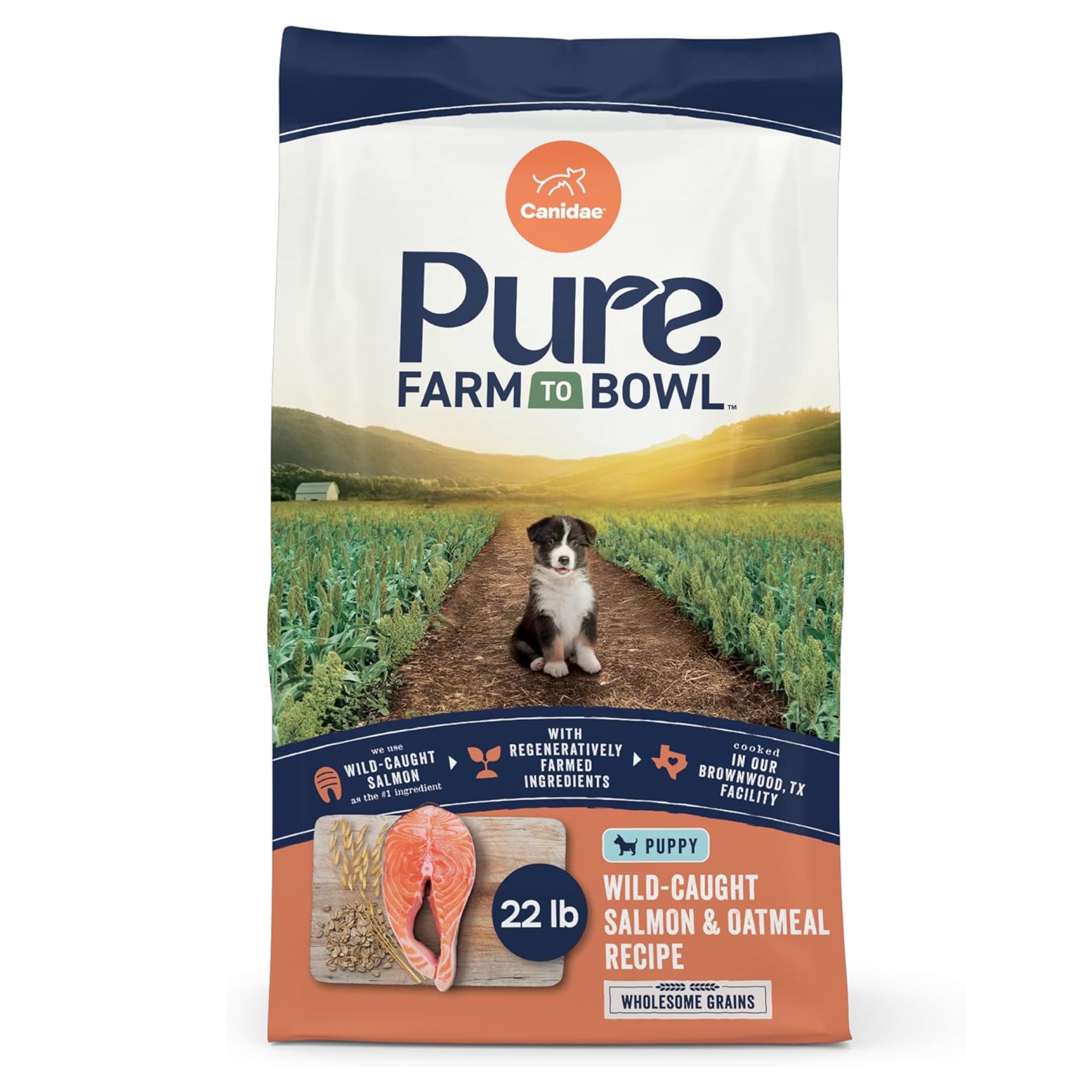 CANIDAE Pure Farm to Bowl, Puppy, Wild-Caught Salmon & Oatmeal, 22 lb | Puppy Dog Dry Food with Balanced Nutrition, Limited-Ingredient Formula, Protein-Rich Recipe, Salmon & Oatmeal, 22 Pound (Pack of 1)