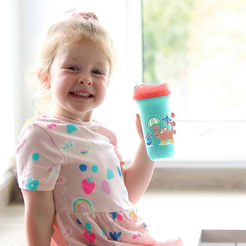 Miniatura 2 de Nuby Vaso de transición con aislamiento antiderrames, con boquilla de borde de silicona suave, 9 onzas, paquete de 2 impresos dinosaurios azules