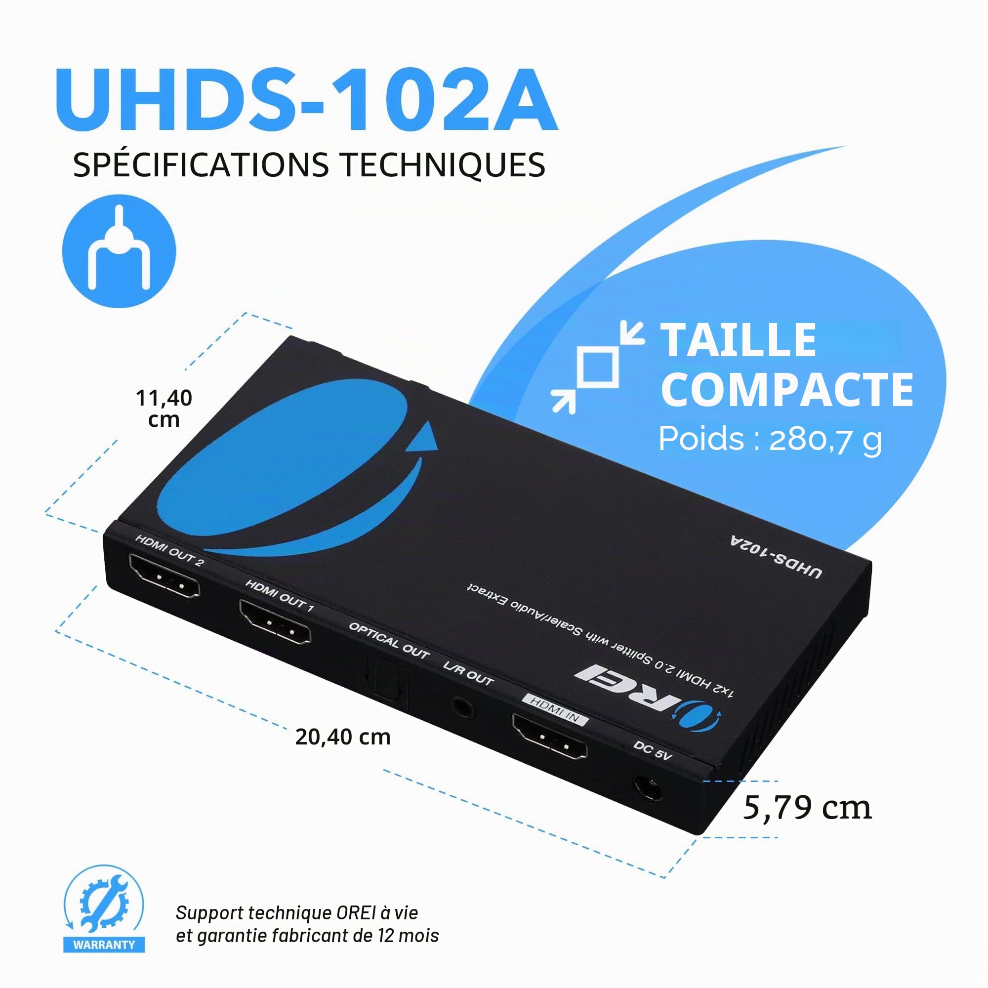 OREI UHDS-102A Répartiteur HDMI 2.0 avec extracteur audio Scaler 2 ports Full Ultra HDCP 2,4 K à 60 Hz et 3D Prend en charge le contrôle EDID