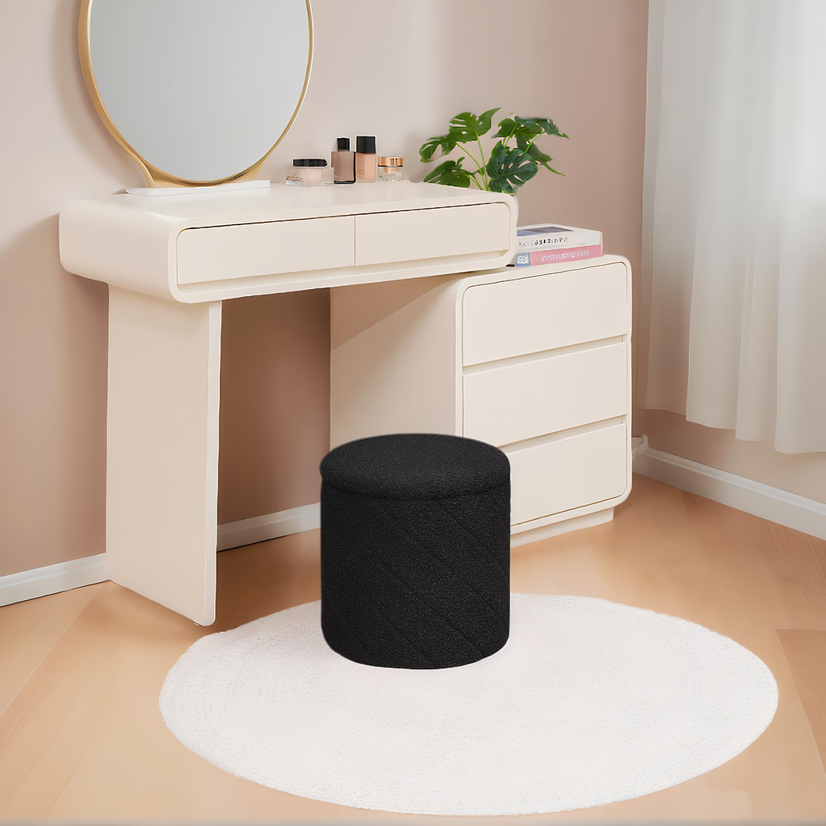 PINPLUS Pouf Contenitore Rotondo Pieghevole, in Teddy Bouclé, con Coperchio Ribaltabile come Tavolino, per Soggiorno e Camera, Ø 33 x 35 cm, Nero