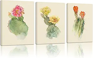 crmotu Floral Botanical Wall Art Set of 3, Cactus Flowers Vintage Wall Decor, Tropical Plant Watercolor Canvas Prints, Minimalist Wall Pictures of Living Room Bathroom Kitchen Farmhouse, 12x16inch