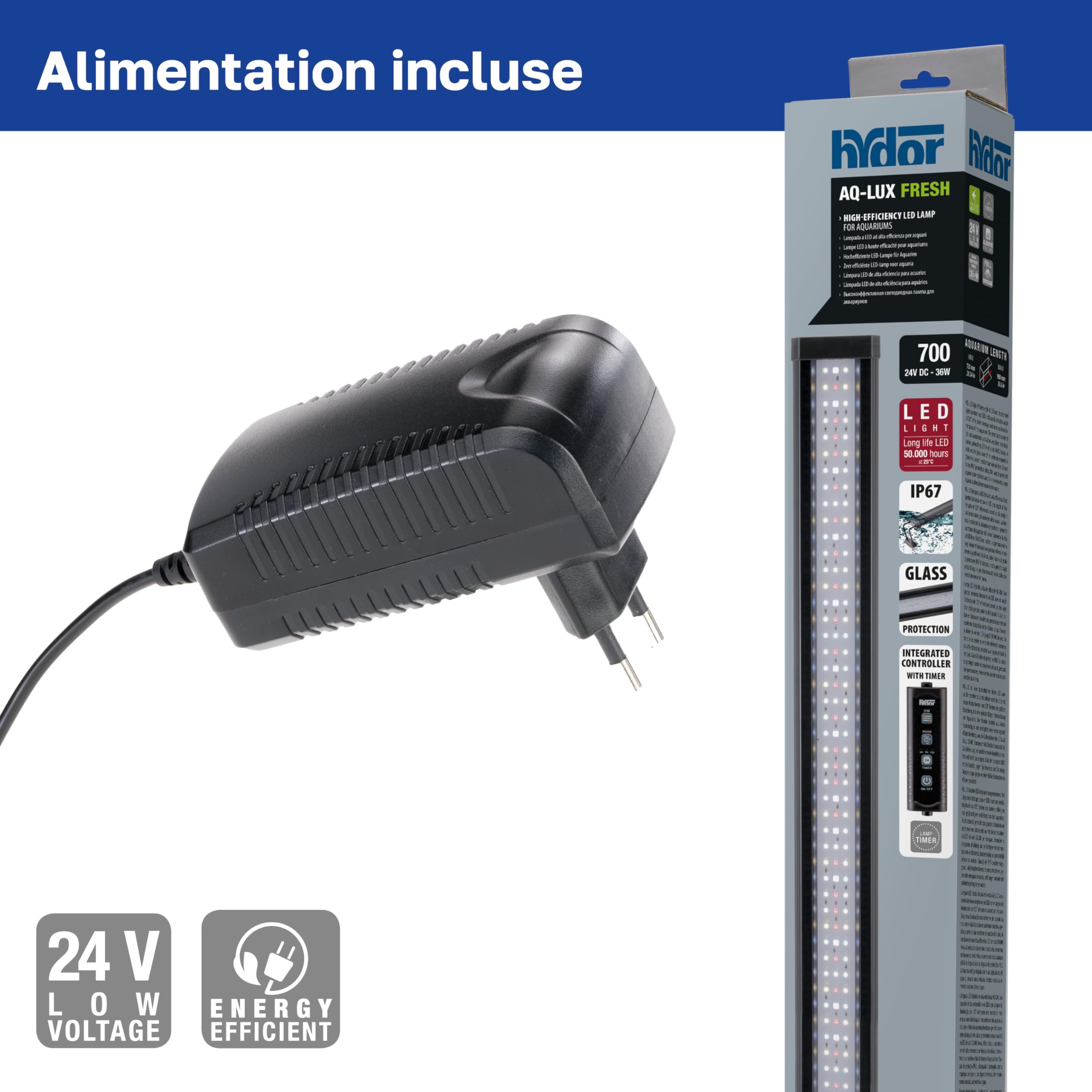 Hydor Lampe Aquarium LED AQ-LUX Fresh 700, 36 W (3000 LM) Spectre Professionnel, Dimmer et Timer Programmables, Supports Réglables, Alimentation INCL, IP67, 72 x 8 x h 9,5 cm.