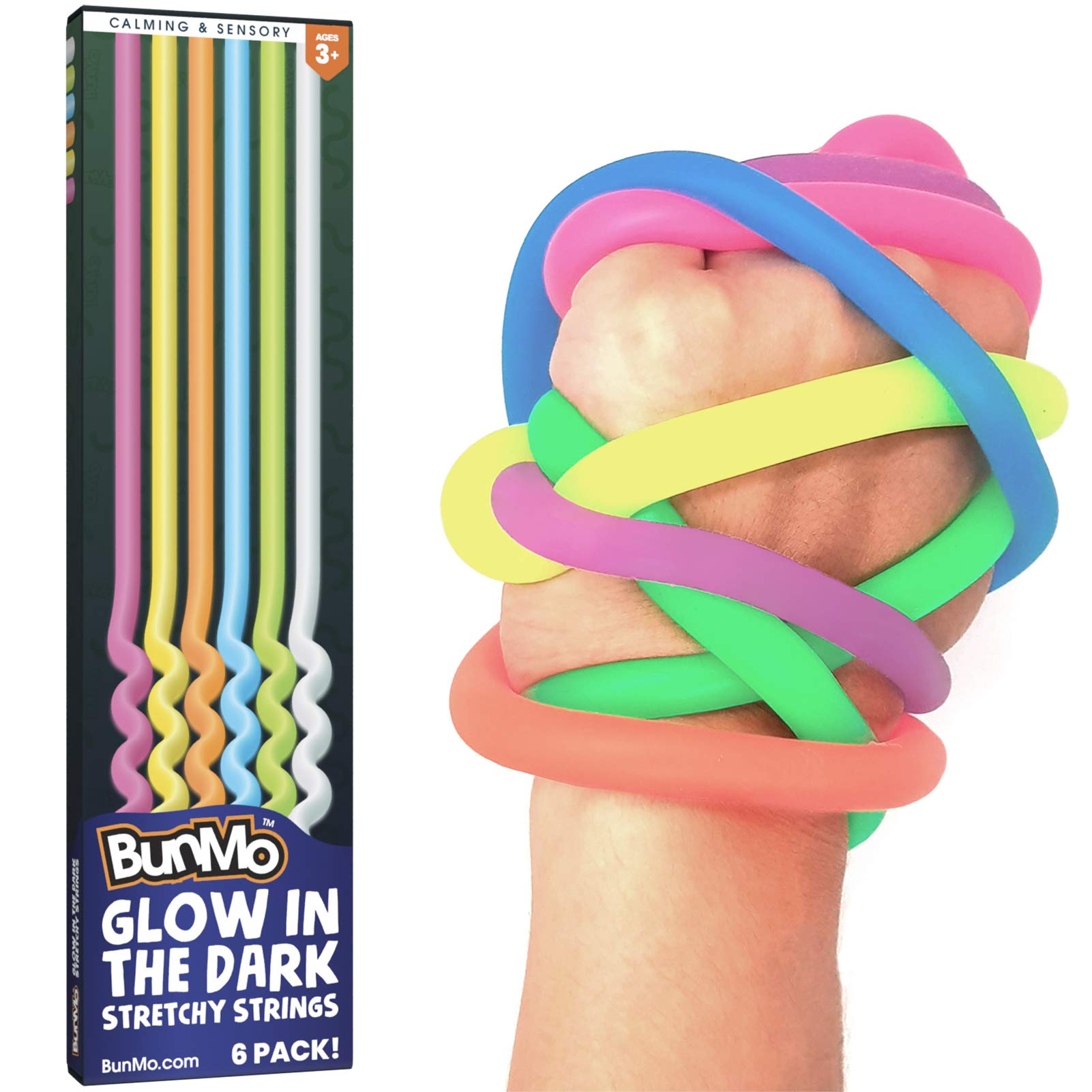 BunMoStretchy Strings - Sensory Toys for Toddlers - Stimulating & Addictive Sensory Toys for Kids - Fidget Toy - Hours of Fun for Kids - Non-Mouthable Toy 3+ - Glow 6 Pack