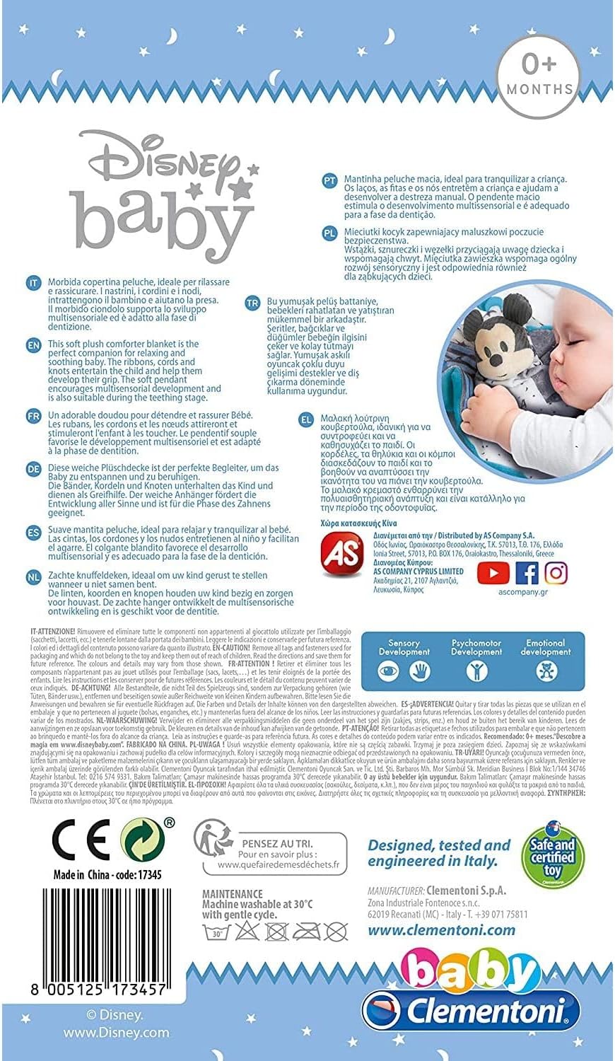 Clementoni - 17345 - Doudou Disney Baby Mickey - Soft toy and soft toys for early and early learning - 100% machine washable, 0 months and up