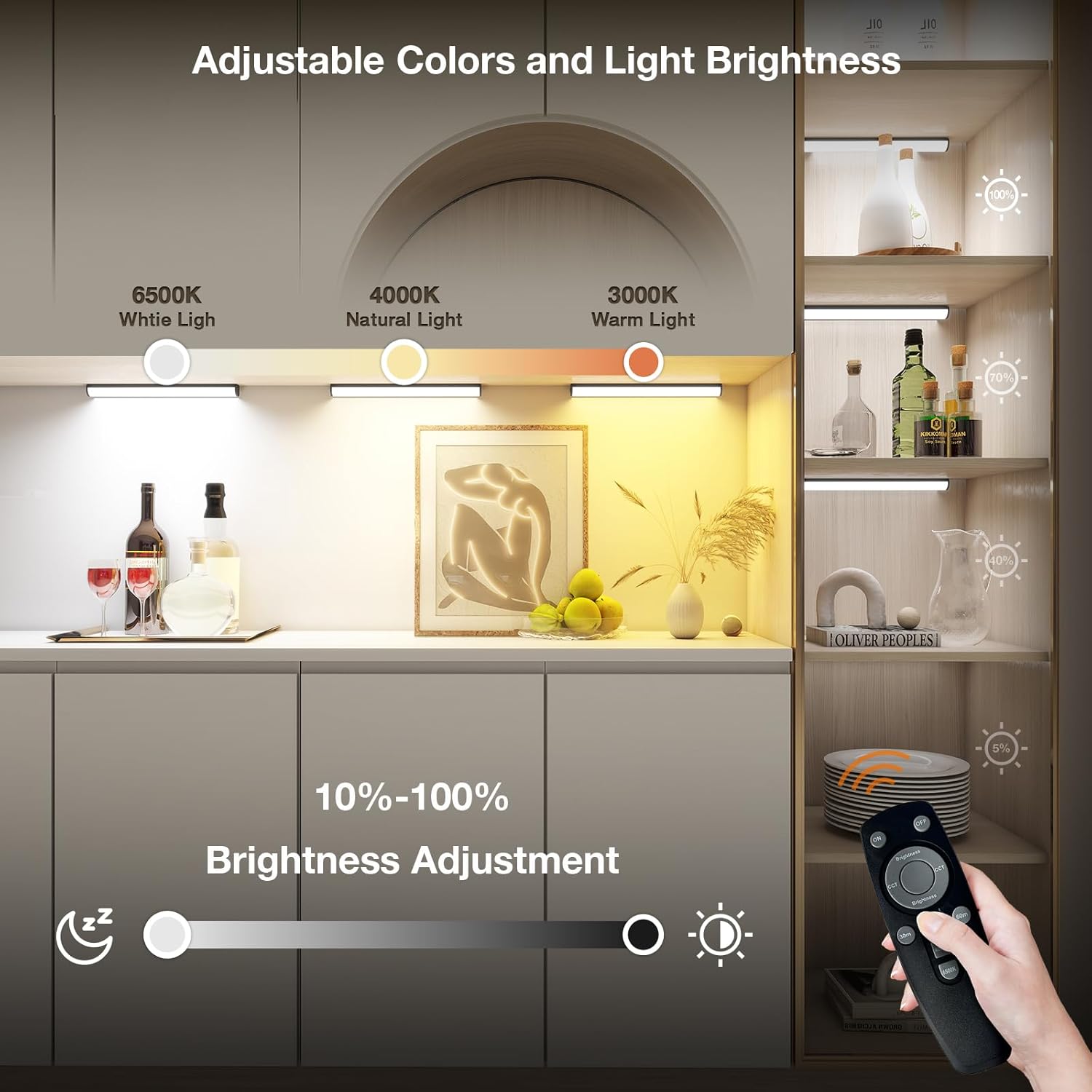 Under Cabinet Lighting Wireless with Remote,Rechargeable Battery Operated Closet Lights,3 Color Magnetic Dimmable led Strip Lights,Under Counter Lights for Kitchen,Shelf,Bedroom (Black-2PCS, 20cm)