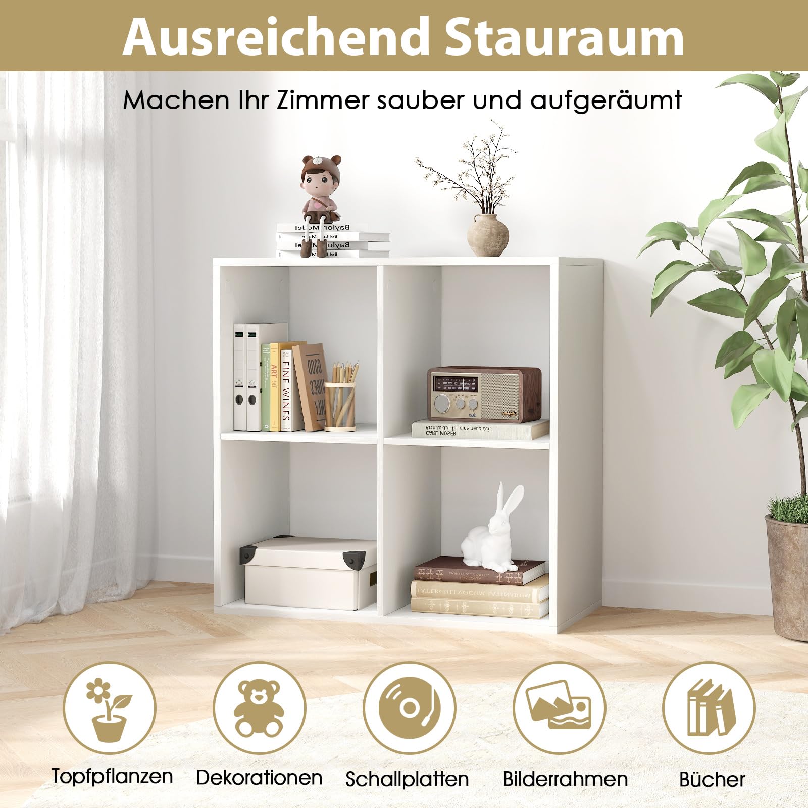 COSTWAY Bücherregal mit 4 Fächern, Würfelregal, Standregal, offenes Regal, Aufbewahrungsregal für Wohnzimmer, Arbeitszimmer, Büro, modern, Weiß