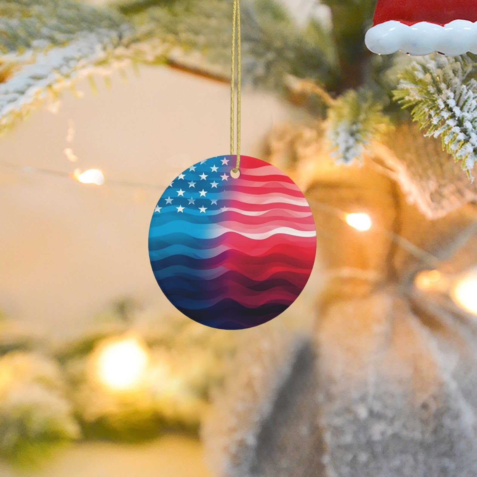 Christmas Tree Ornaments Ceramics Christmas Round Decorations Gradient American Flag Ceramics Ornaments Circle Pentagram Xmas Tree Hanging Pendant for Christmas Tree Party Holiday Home Decor