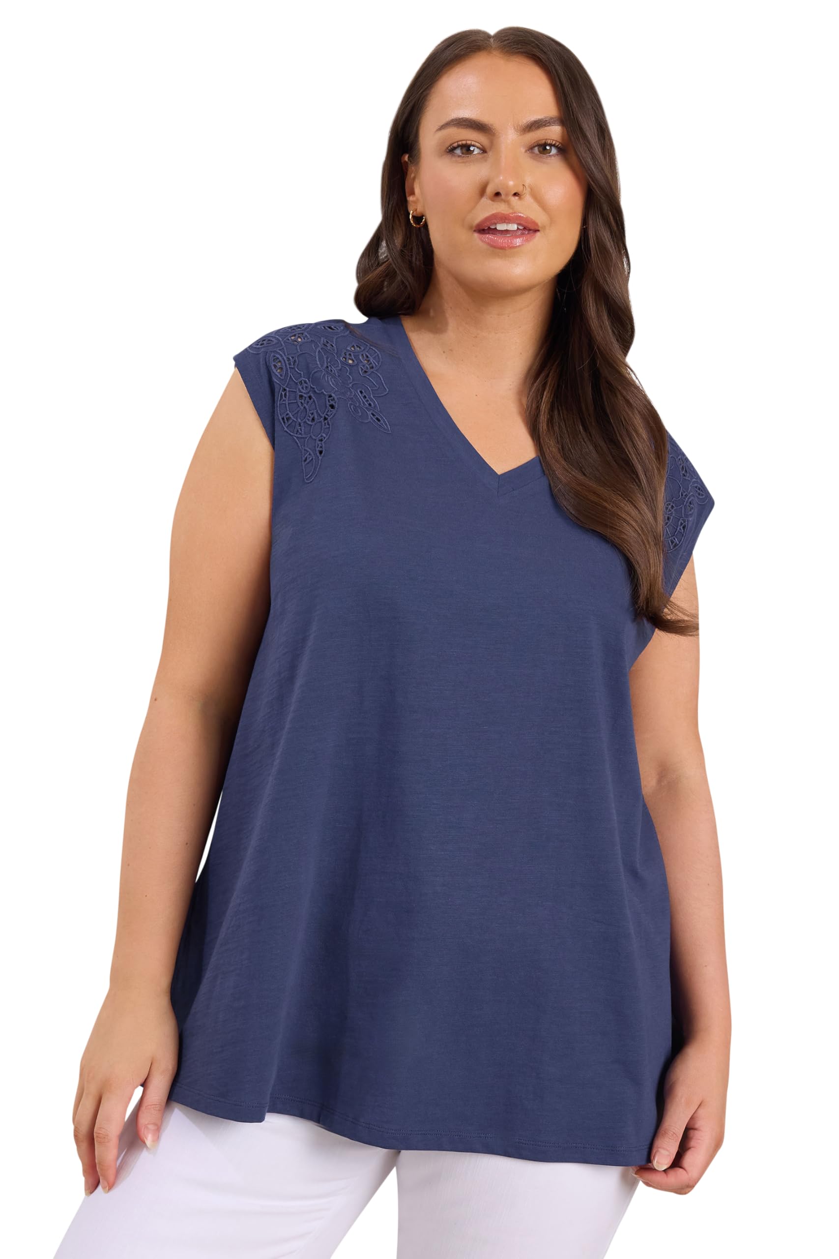 Evans Broderie Anglaise Vest Top - Women's Dark Navy Cotton Sleeveless V-Neck Size 22-24
