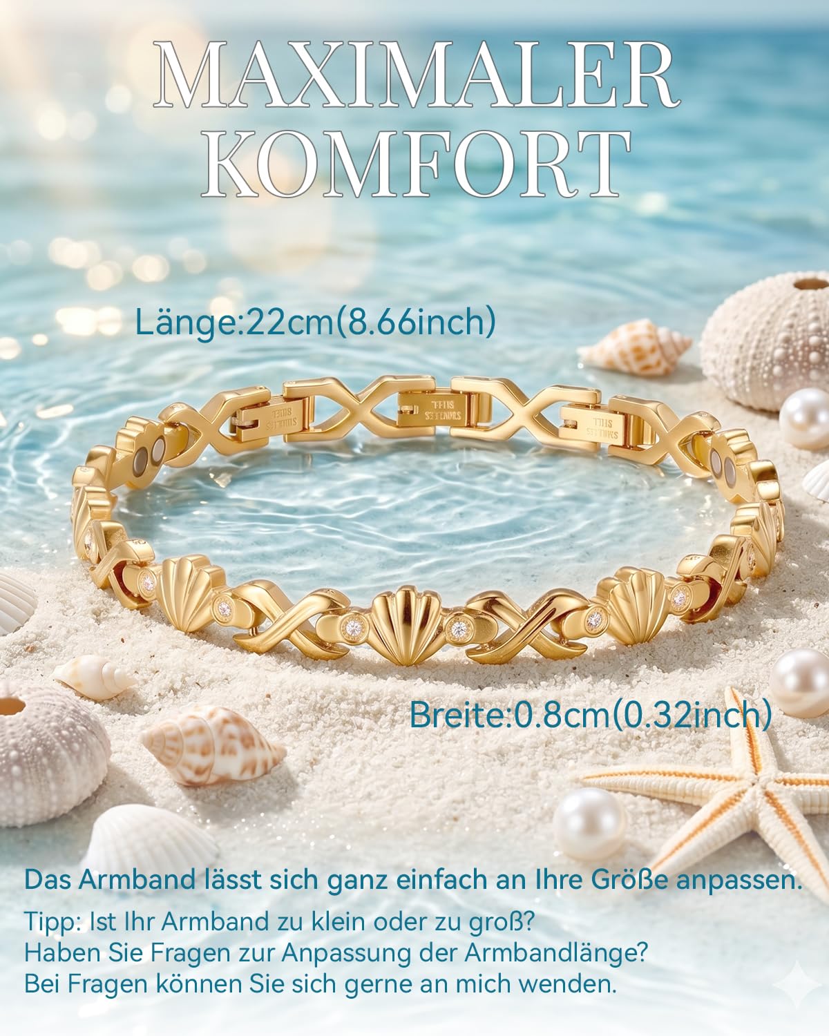 RainSo Magnetarmband für Damen - 3800 Gauß Edelstahlarmband, Muschel Armband mit Diamanten Besetzt, Verstellbare Größe, Für Einen Sommerlichen Strandurlaub (Gold)
