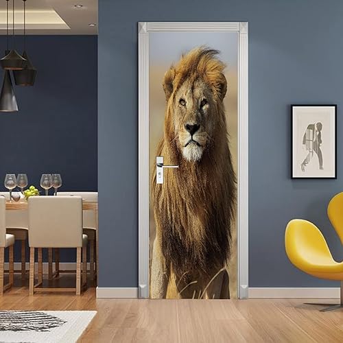 Murales de puerta 3D animados de león real para dormitorio de niños, sala de estar, calcomanías de pared de arte autoadhesivas, calcomanías de