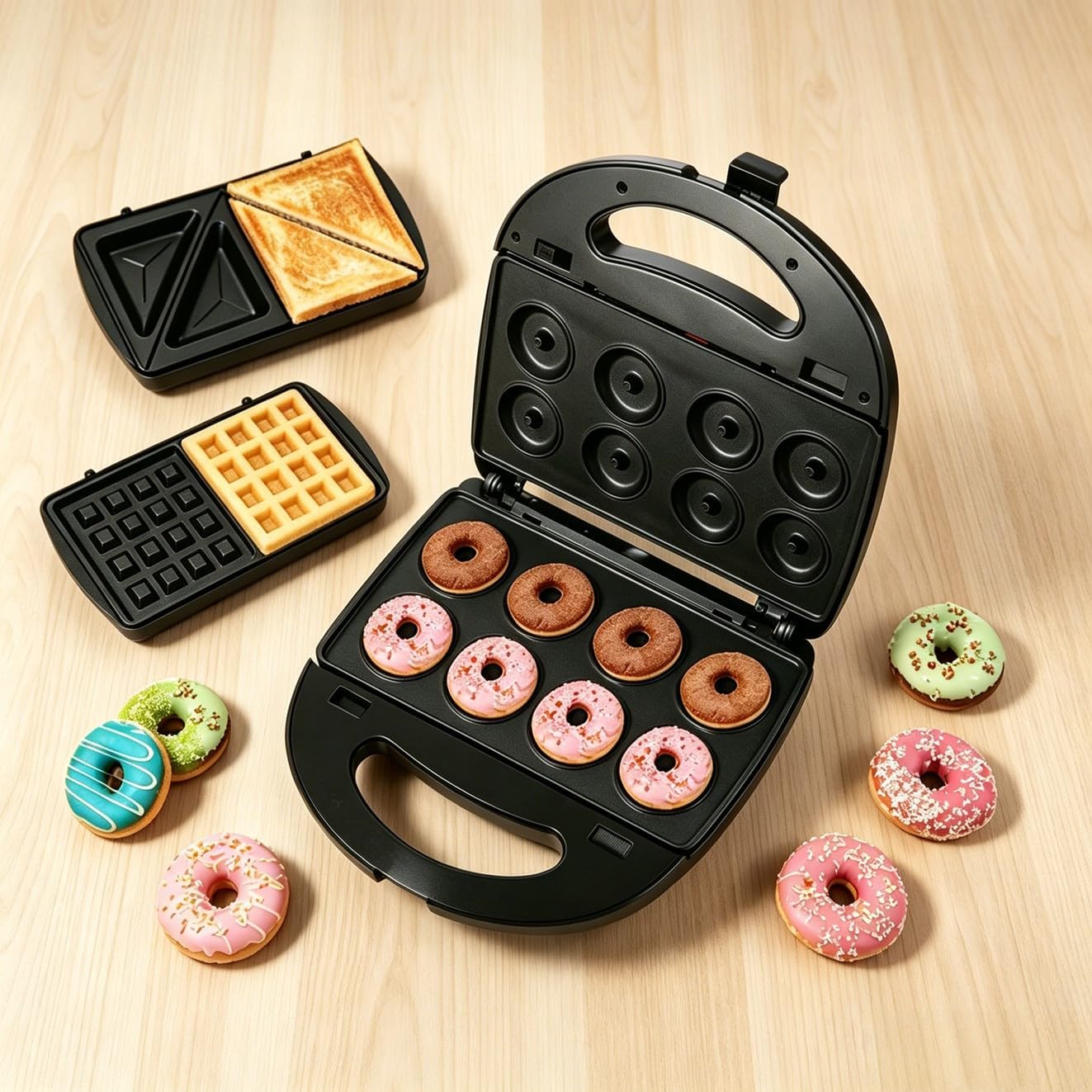 3 in 1 Donut Maker, Electric Waffles Sandwich Machine，Panini Press Grill Iron Set with 3 interchangeable Removable Non Stick Plates，Detachable Dessert Toaster for Breakfast