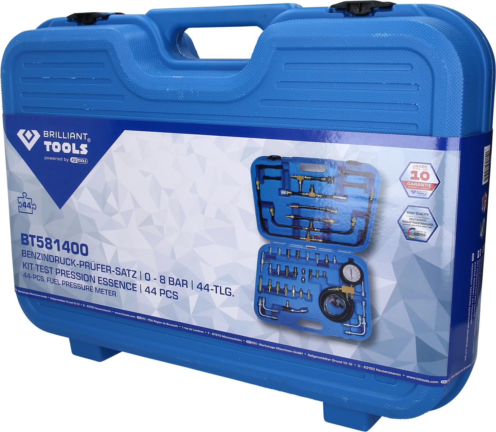 BRILLIANT TOOLS BT581400 Benzindruck-Prüfer-Satz, 0 - 8 bar, 44-tlg [Powered by KS TOOLS] Mit Stabilem Blauen Transportkoffer