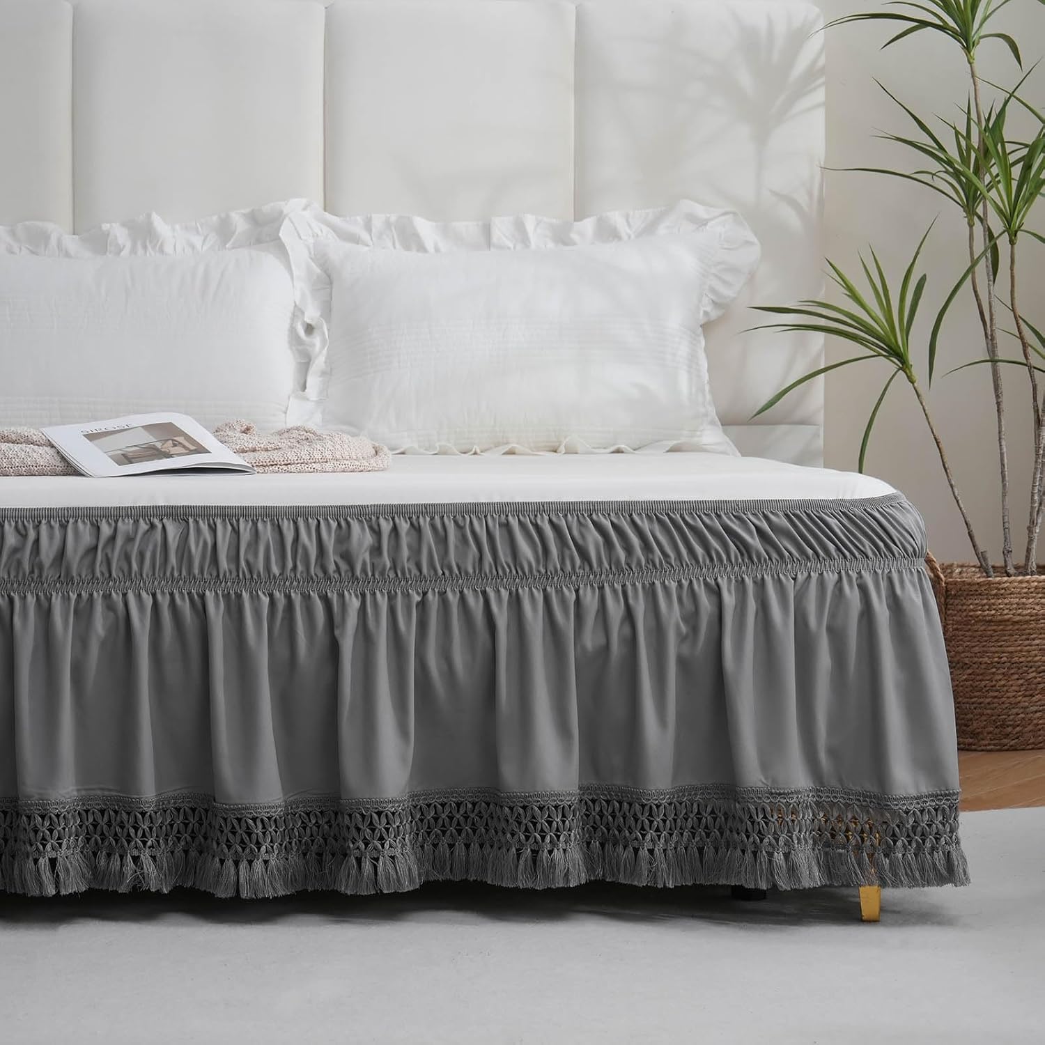 Boho Fringe Bed Skirt 16 Inch Drop, Elastic Dust Ruffle with Adjustable Belts, Easy to Put On, Bed Frame Cover, Machine Washable (Gray,Full)