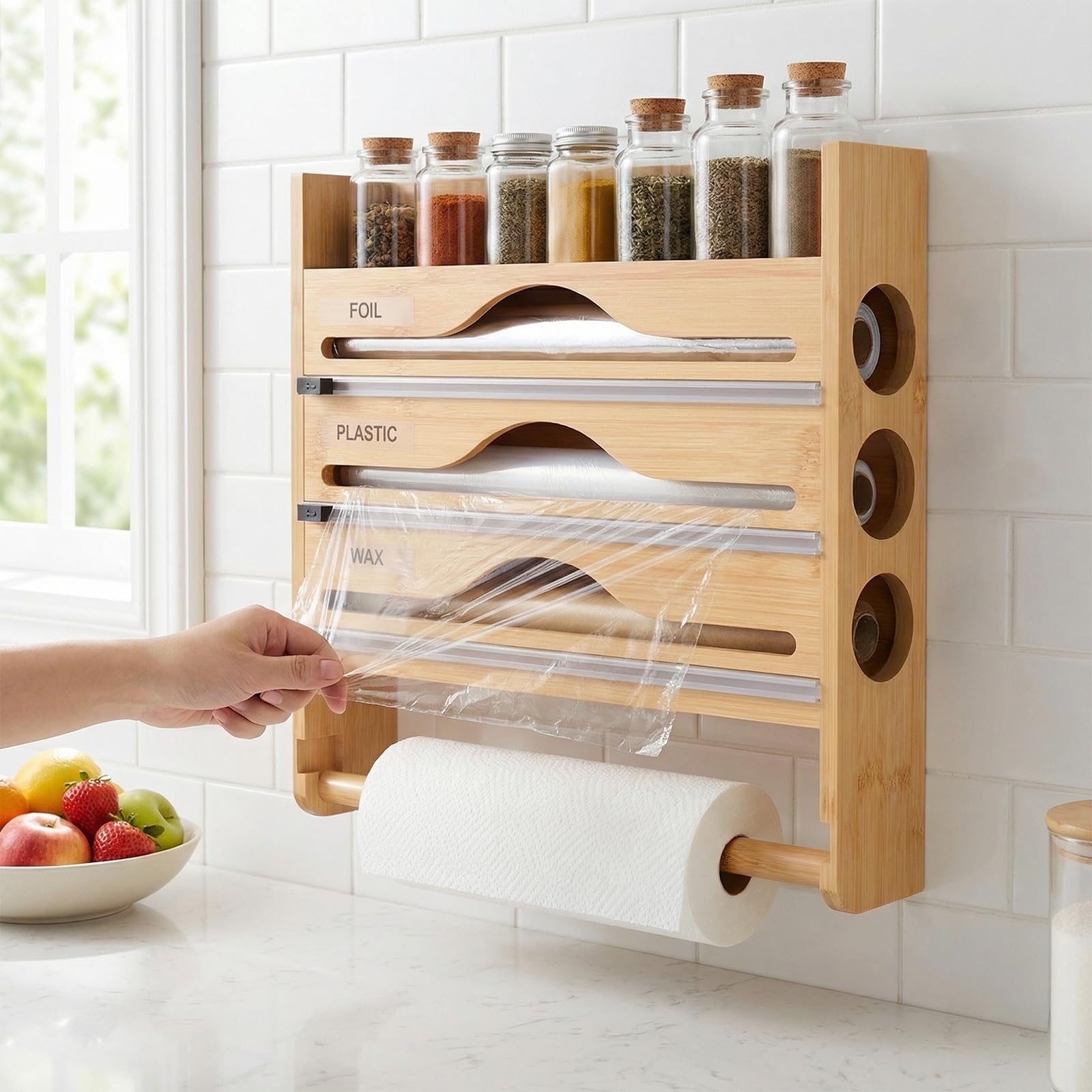 Dispenser di pellicola con taglierino,porta pellicola per cucina,pellicola di alluminio di bambù e pellicola trasparente organizer con coltello da taglio