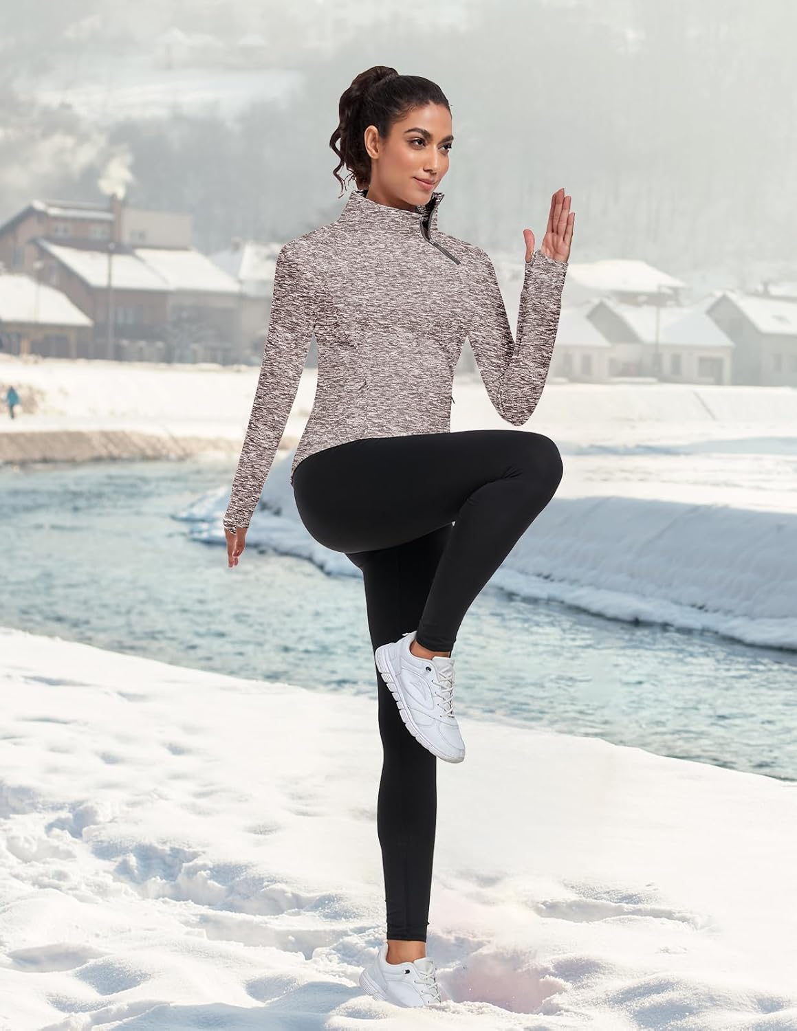 WOWENY Women's Fleece Sweatshirts Zip Mock Neck Long Sleeve Sweatshirt Ski Hiking Pullover Thermal Jacket with Thumb Hole - Image 3