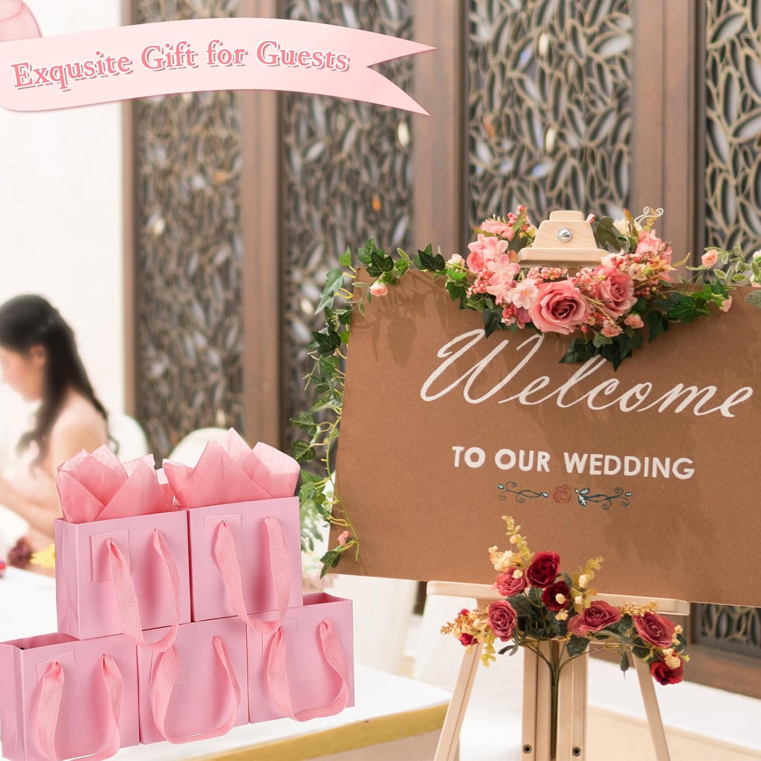 Zhanmai 100 Pcs 4.7 x 2.4 x 3.9 Mini Gift Bags Bulk with Tissue Paper Kraft Paper Bag with Handle Gift Tag for Birthday Party, Valentines Day, Baby Shower, Wedding, Mother's Day (Pink) - Image 6