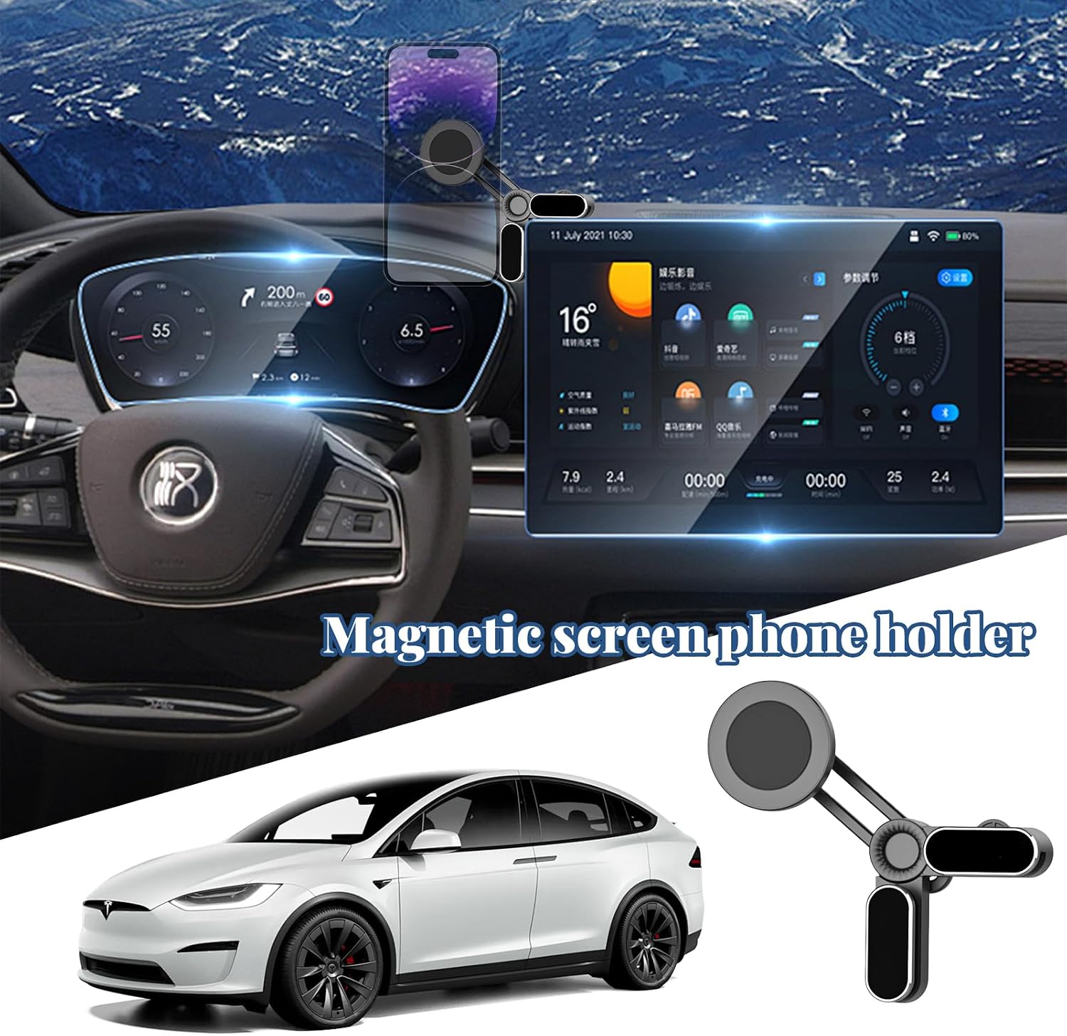 Universal Magnetic Screen-Clip Phone Mount for Vehicle & Monitor Screens – Strong 360° Rotatable Holder, Compatible with Mag-Safe, for Car Infotainment, Laptop & PC Displays (Fits 7.5-14mm Screens)