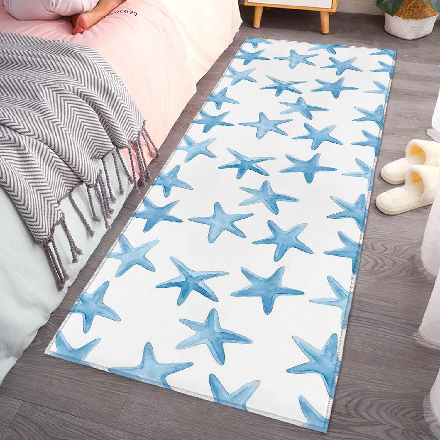 Teamery Kitchen Mats for Floor Marine Blue Starfish Seamless Washable Non Slip Kitchen Rugs 1PCS, Coastal Ocean Creature Absorbent Standing Mats for Sink Bathroom Office Living Room 23.6x70.9in