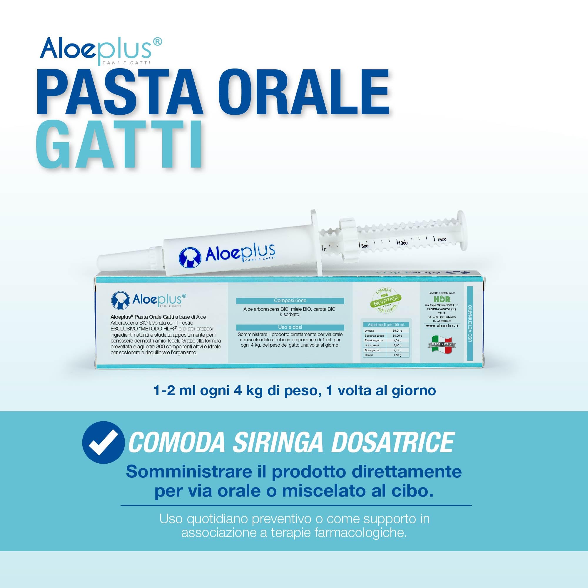 ALOEPLUS Gatti Pasta Orale - Alimento Complementare Energetico, Disintossicante con Aloe Arborescens BIO, Rafforza le Naturali Difese di Gatti Anziani e Cuccioli, Contro Alitosi (1 pz) (15 ml)